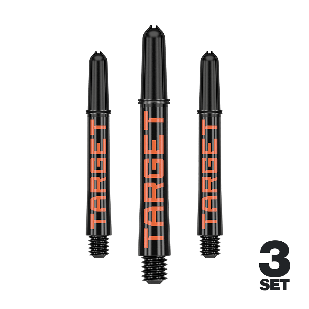 Target Pro Grip TAG Shafts - 3 Sets - Schwarz Orange Das Bild zeigt drei schwarze Dartschäfte mit orangener Schrift „TARGET“. In der rechten unteren Ecke steht „3 SET“.