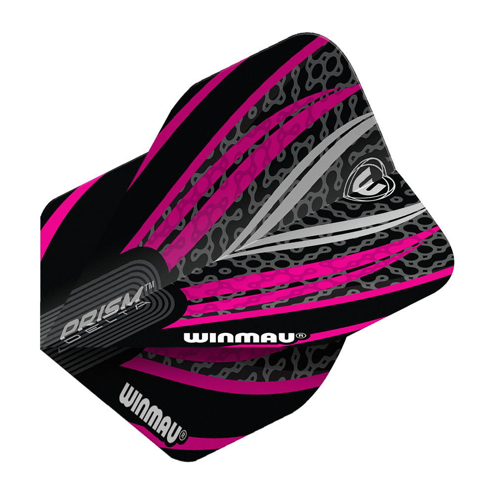 Das Bild zeigt ein Winmau Prism Delta No2 Standard Dartflight in den Farben Schwarz, Weiß und Pink. Das Flight hat ein auffälliges, modernes Design mit grafischen Mustern und dem Winmau-Logo.