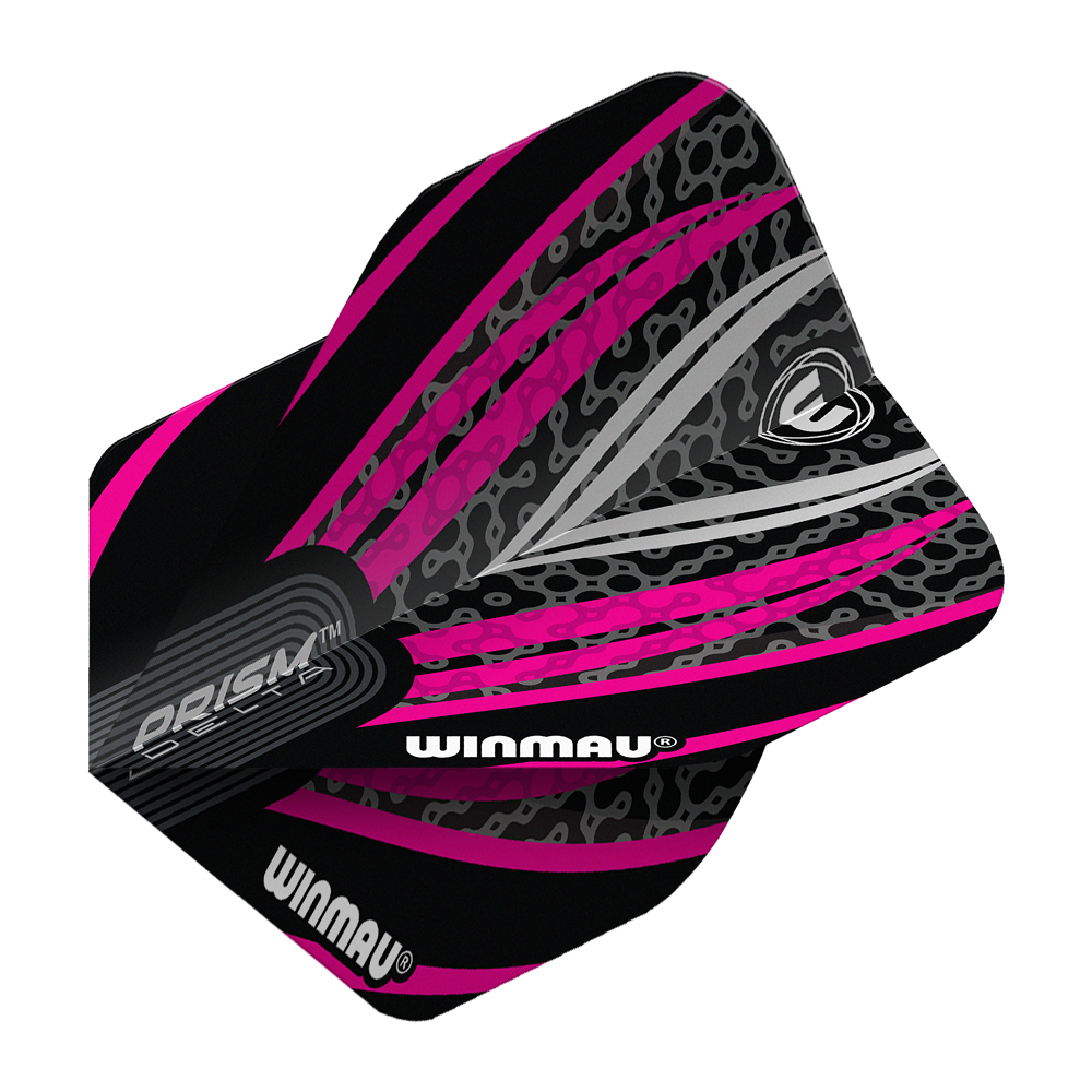 Winmau Prism Delta Schwarz Weiß Pink No2 Standard Flights Das Bild zeigt ein Winmau Prism Delta No2 Standard Dartflight in den Farben Schwarz, Weiß und Pink. Das Flight hat ein auffälliges, modernes Design mit grafischen Mustern und dem Winmau-Logo.