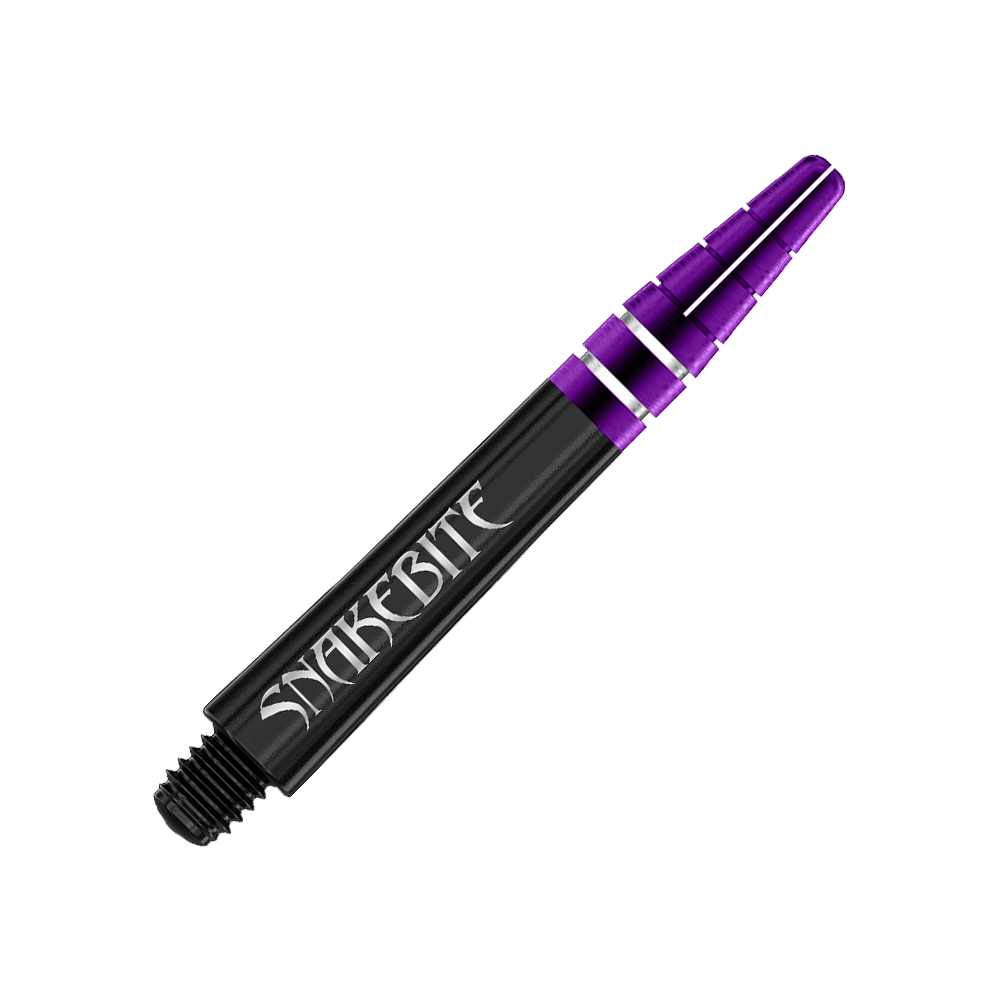 Das Bild zeigt einen schwarzen Dart-Shaft mit violetten und silbernen Akzenten. Auf dem Schaft steht das Wort "Snakebite" in weißer Schrift.