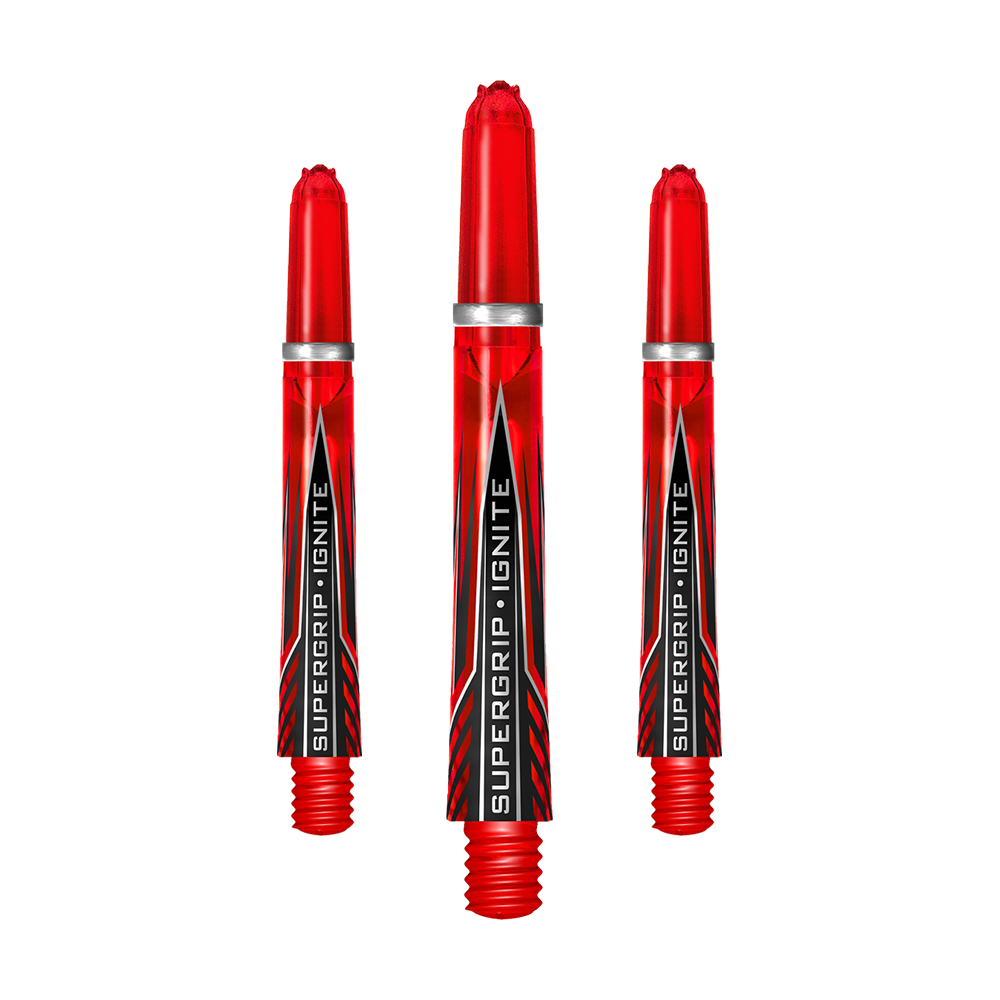 Das Bild zeigt drei rote Harrows Supergrip Ignite Shafts für Dartpfeile. Auf jedem Shaft steht der Schriftzug „SUPERGRIP IGNITE“.