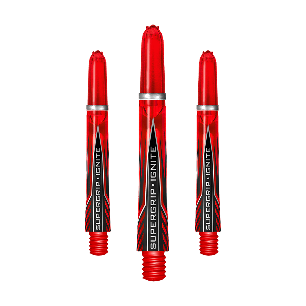 HR384_Harrows_Supergrip_Ignite_Shafts_Rot_40mm_1qX96WPAHn0Qtn Das Bild zeigt drei rote Harrows Supergrip Ignite Shafts für Dartpfeile. Auf jedem Shaft steht der Schriftzug „SUPERGRIP IGNITE“.