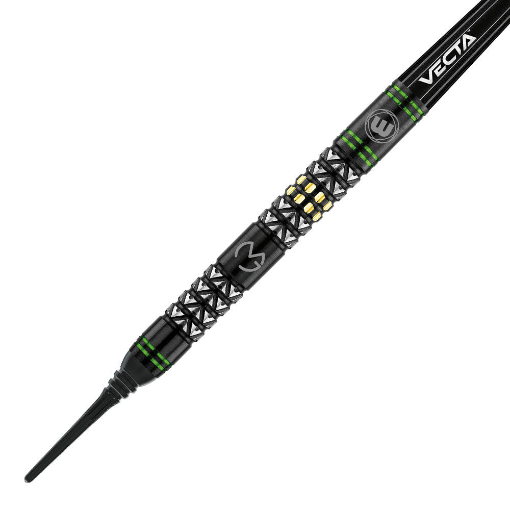 Das Bild zeigt einen Winmau Michael van Gerwen MvG Vantage Softdart. Der Dart ist schwarz mit silbernen, goldenen und grünen Akzenten gestaltet.