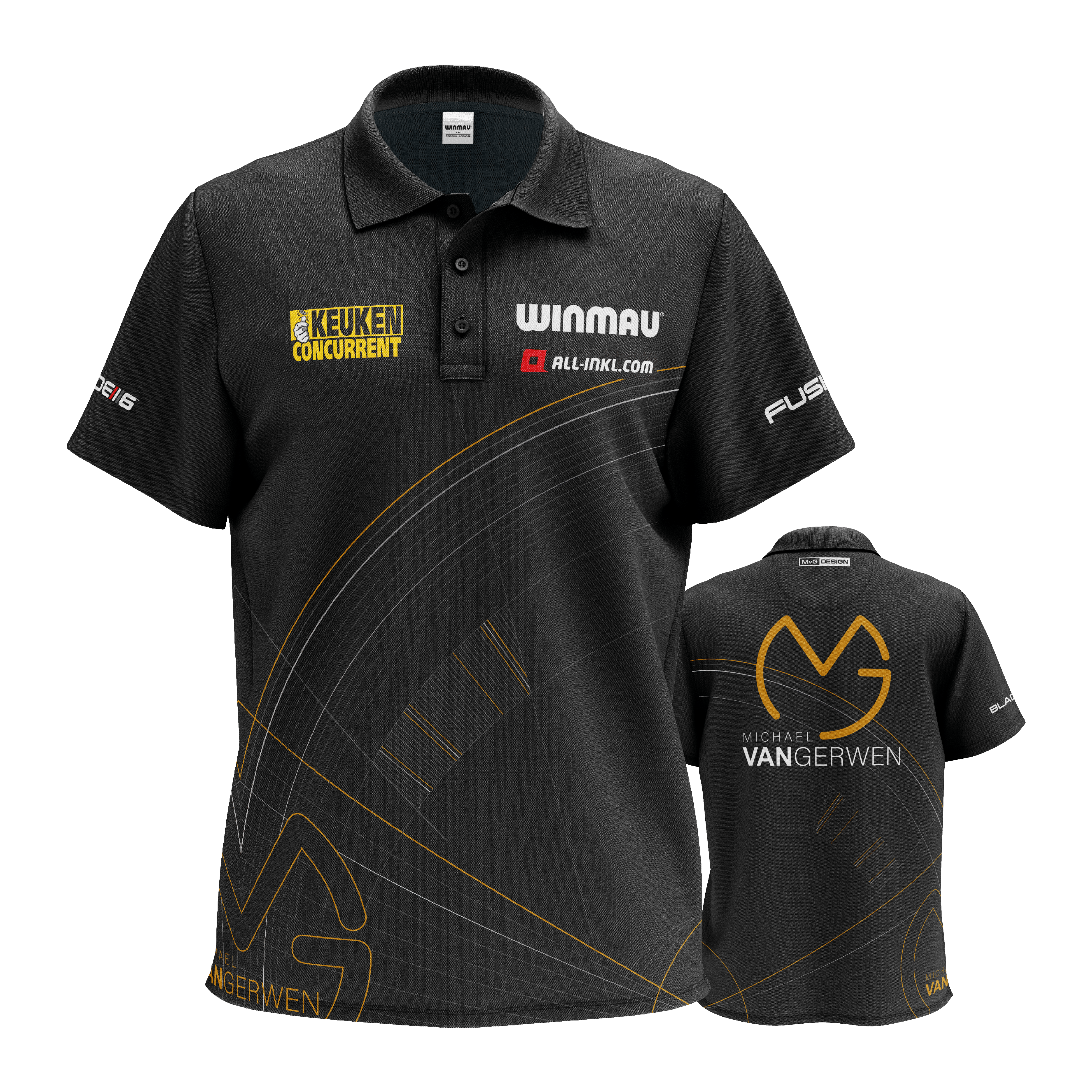 Winmau Limited Edition Tour Polo Dartshirt Das Bild zeigt ein schwarzes Dartshirt mit verschiedenen Sponsorenlogos und dezenten goldenen Linien. Auf der Rückseite steht groß der Name "Michael van Gerwen" zusammen mit einem Logo.