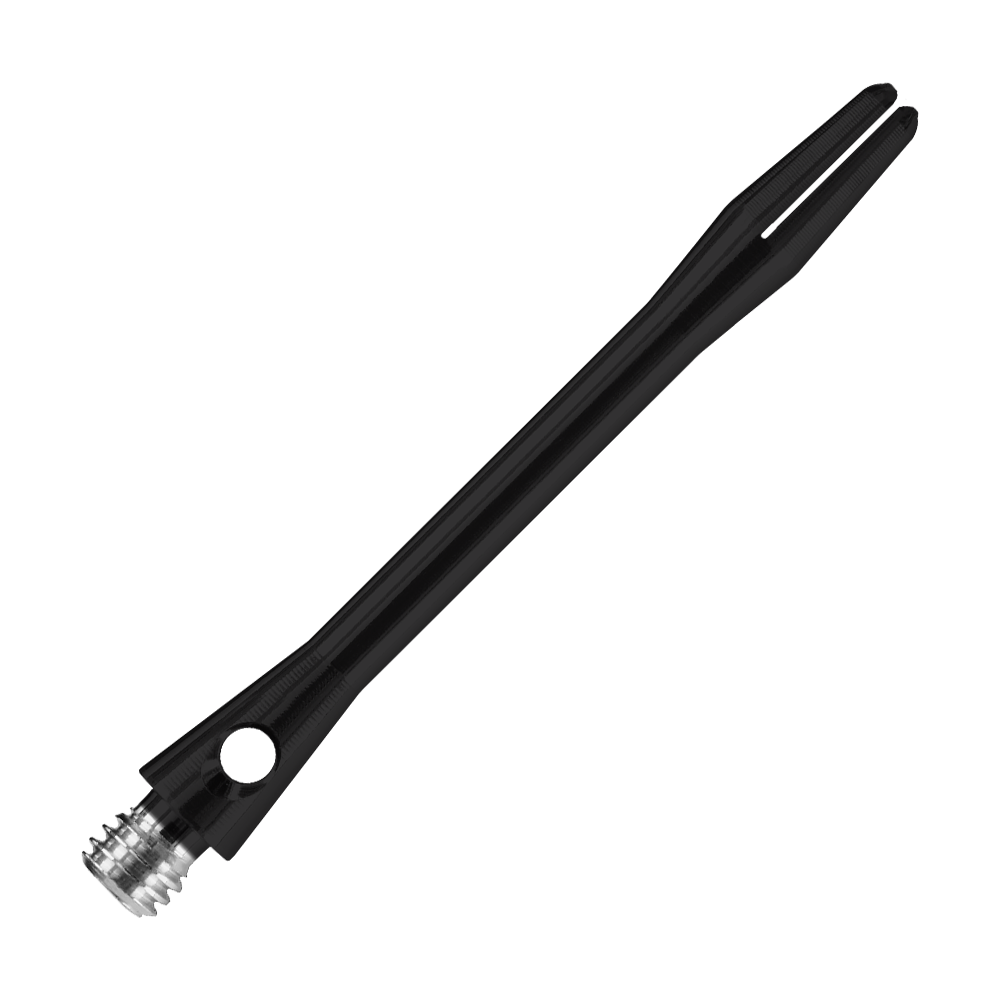 Das Bild zeigt einen matt schwarzen Harrows Keramic Shafts für Darts. Der Schaft ist schlank und hat ein silbernes Gewinde am unteren Ende.