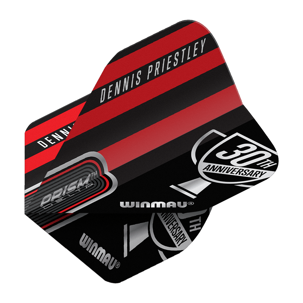 Winmau Prism Delta Dennis Priestley Diamond 3-Zero No2 Standard Flights Das Bild zeigt ein Winmau Prism Delta Dart-Flight mit dem Namen "Dennis Priestley". Das Design ist in Schwarz und Rot gehalten und enthält den Schriftzug "30th Anniversary".