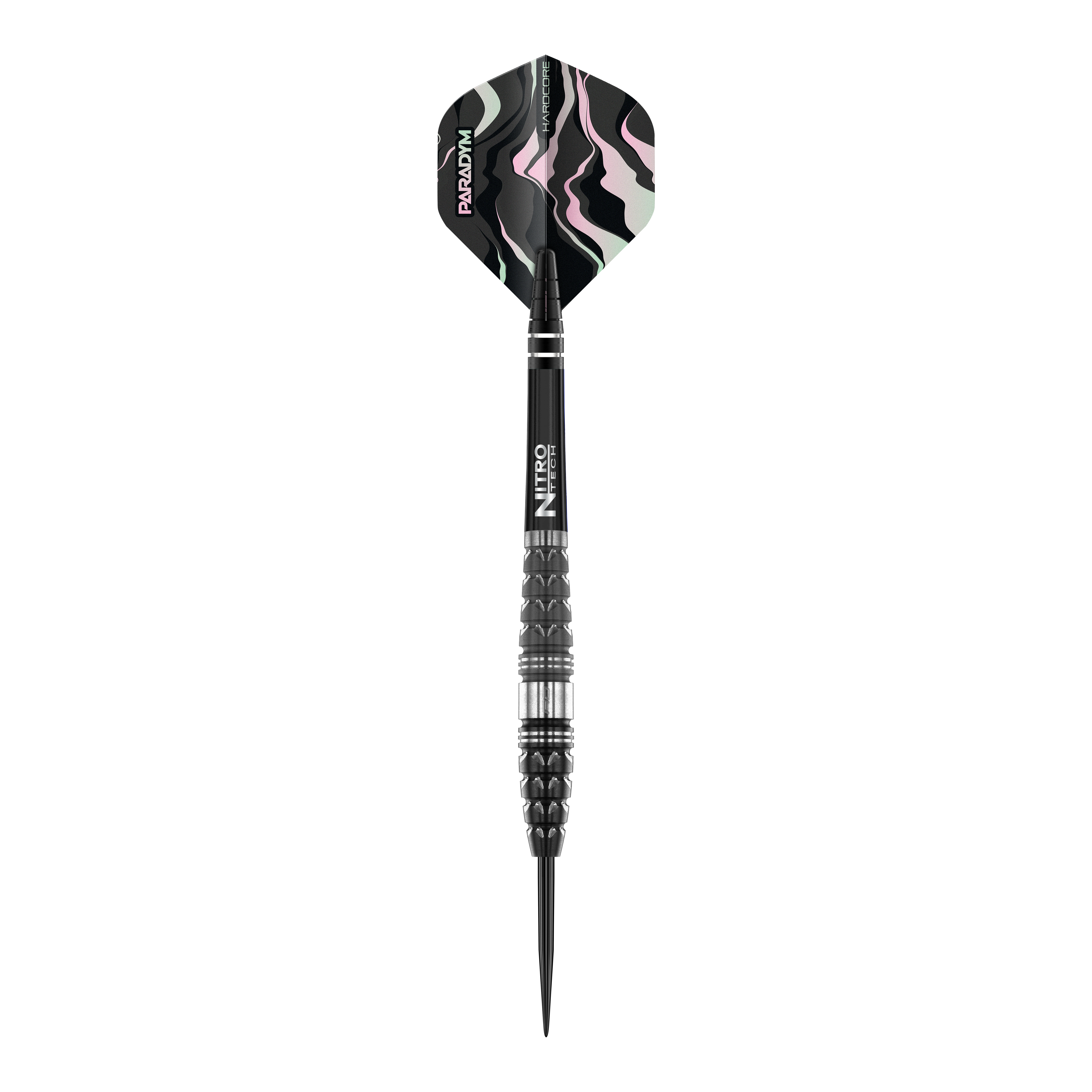 Red Dragon Paradym Torpedo Steeldarts Das Bild zeigt einen Red Dragon Paradym Torpedo Steeldart mit einem schwarzen, strukturierten Griff. Am Ende befindet sich ein Flight mit einem abstrakten Muster in Schwarz, Weiß und Rosa.