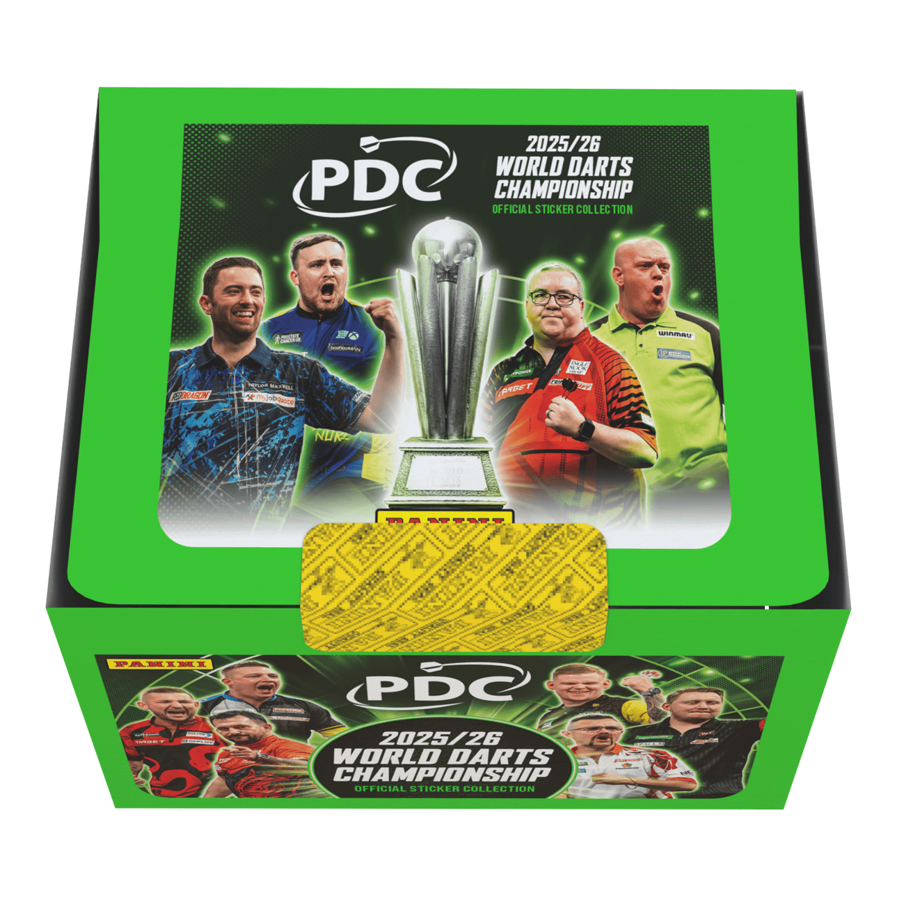 Die Panini PDC World Darts Championship 2025/26 Stickerbox mit 65 Tüten ist zu sehen. Das Bild gibt einen Überblick über die Verpackung und den Inhalt der Box.