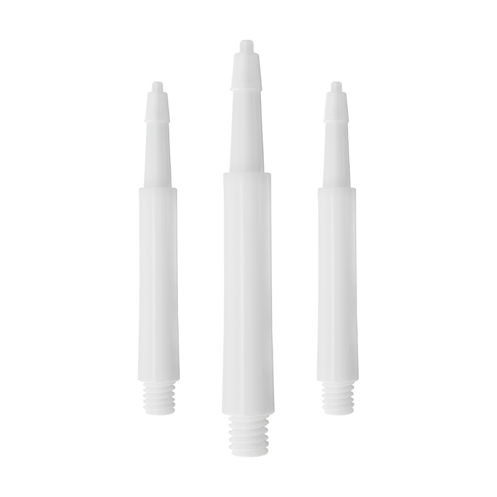 Das Bild zeigt drei weiße Harrows Clic Standard Shafts für Darts. Sie sind nebeneinander auf weißem Hintergrund angeordnet.