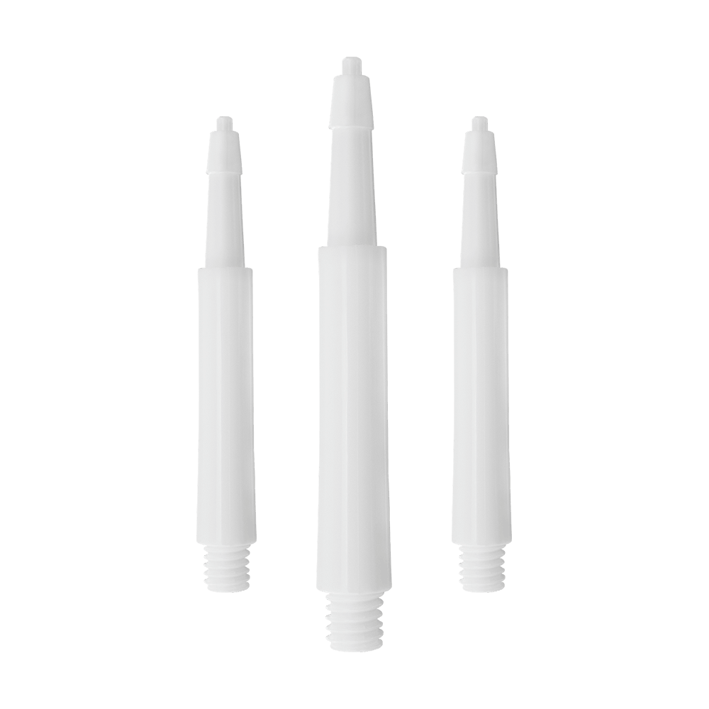 HRC12619W_Harrows_Clic_Standard_Shafts_Weiss_37mm_1 Das Bild zeigt drei weiße Harrows Clic Standard Shafts für Darts. Sie sind nebeneinander auf weißem Hintergrund angeordnet.