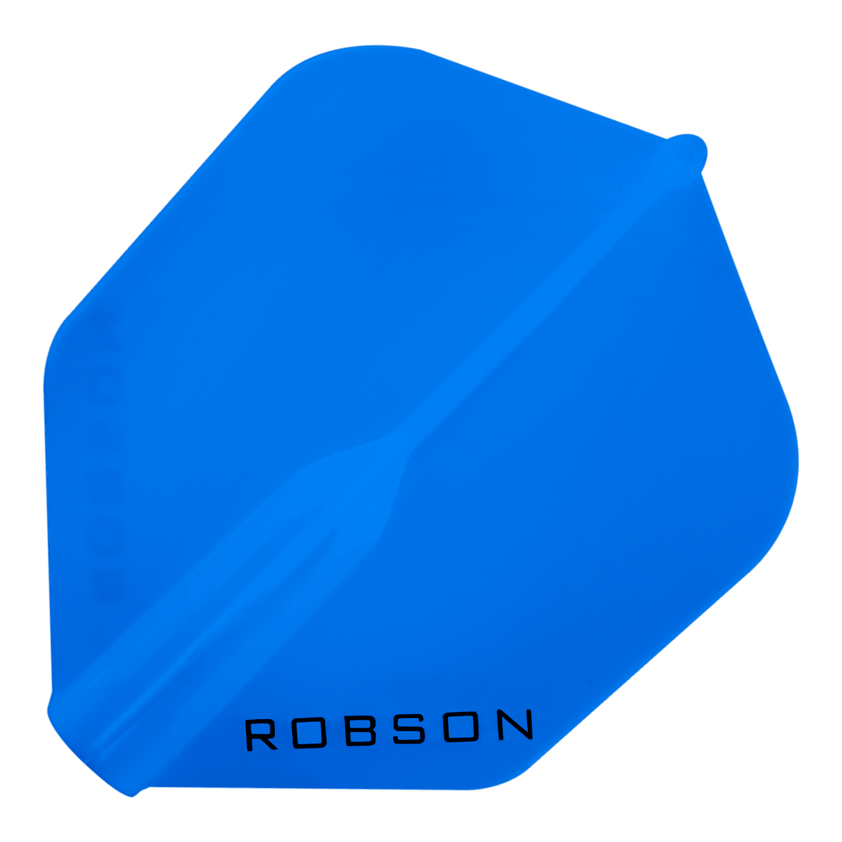 Robson Plus No6 Flights Das Bild zeigt ein blaues Dartflight mit der Aufschrift "ROBSON" am unteren Rand. Das Flight hat eine abgerundete, fast quadratische Form.