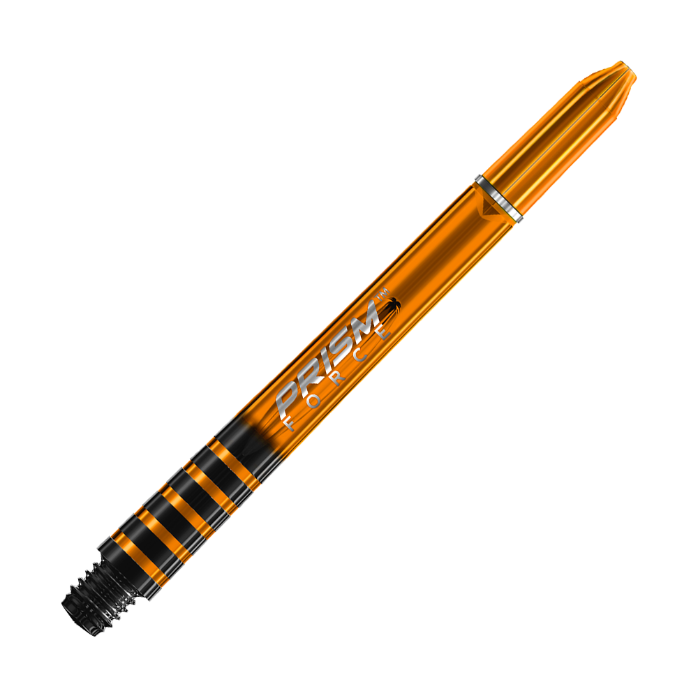 Das Bild zeigt einen orangefarbenen Winmau Prism Force Shaft. Der Schaft hat ein glänzendes Design mit silberner Aufschrift.
