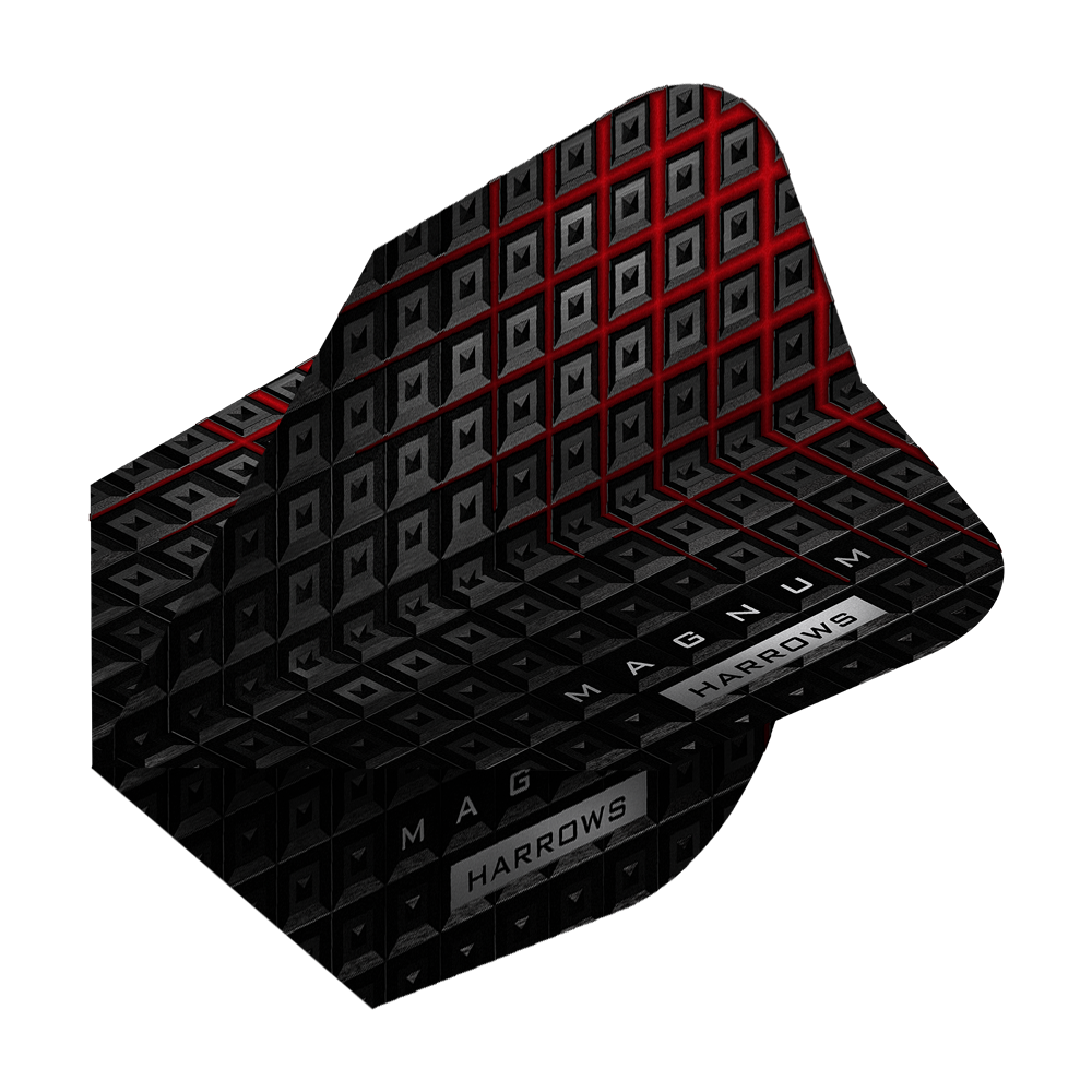 Das Bild zeigt das Produkt "Harrows Prime Magnum Reloaded Standard Flights". Das Design ist schwarz mit roten Akzenten und geometrischen Mustern.