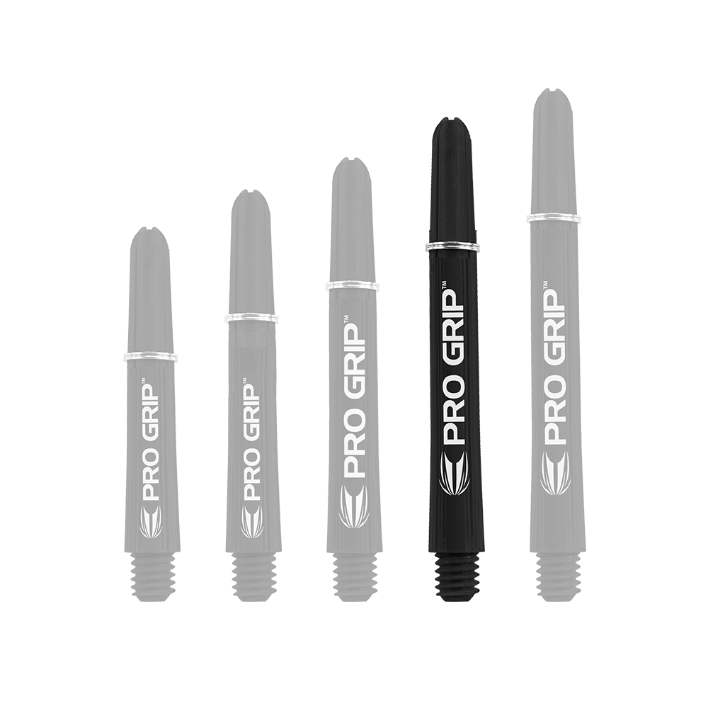 Auf dem Bild sind fünf schwarze Target Pro Grip Shafts in verschiedenen Längen zu sehen. Die Schäfte sind mit dem weißen Aufdruck "PRO GRIP" versehen.
