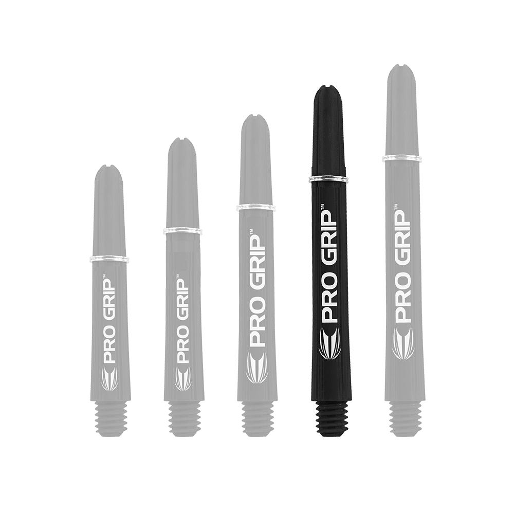 110163_Target_Pro_Grip_Shafts_Schwarz_445mm_1T5LEHEQYplWgN Auf dem Bild sind fünf schwarze Target Pro Grip Shafts in verschiedenen Längen zu sehen. Die Schäfte sind mit dem weißen Aufdruck "PRO GRIP" versehen.
