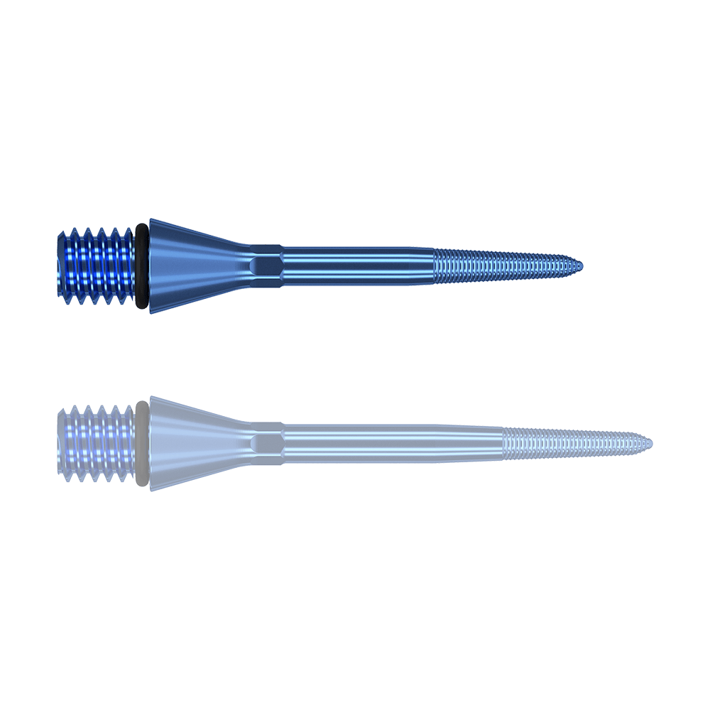 Das Bild zeigt zwei blaue, spitze Metallteile mit Gewinde an einem Ende. Sie liegen parallel zueinander auf weißem Hintergrund.