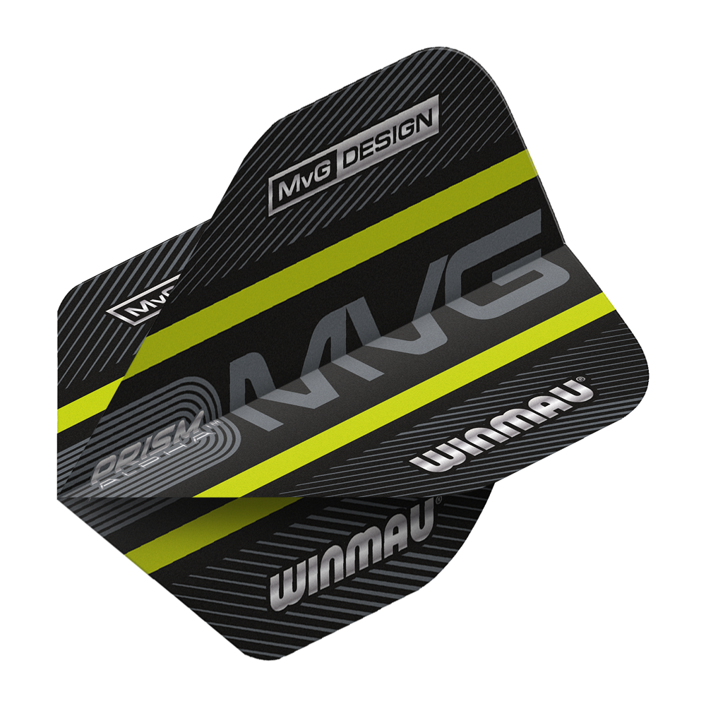 6915-188_Winmau_Prism_Alpha_MvG_Green_Standard_Flights_2 Das Bild zeigt das Produkt "Winmau Prism Alpha MvG Green Standard Flights". Die Flights sind schwarz mit grünen und gelben Akzenten und tragen das Winmau-Logo sowie die Aufschrift "MvG DESIGN".