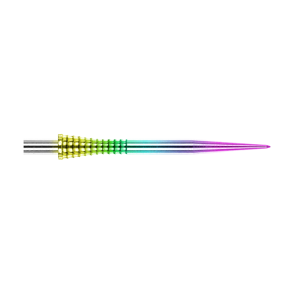 Red Dragon Raptor Gripped Rainbow Steeldartspitzen 30mm Auf dem Bild ist eine Red Dragon Raptor Gripped Rainbow Steeldartspitze mit einer Länge von 38 mm zu sehen. Die Spitze besitzt einen farbigen Regenbogeneffekt und eine geriffelte Grifffläche.
