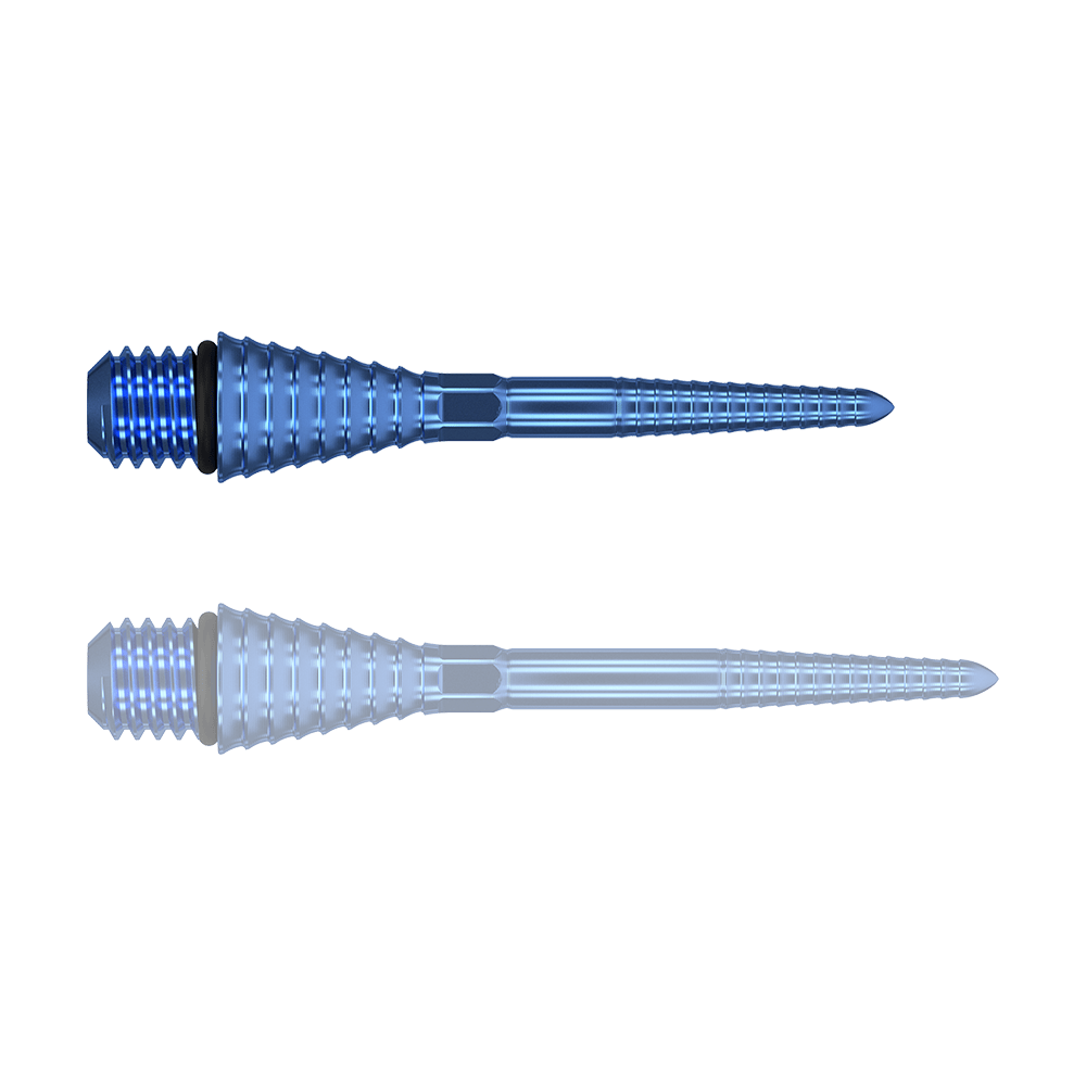 380176_Target_Titanium_Swiss_Point_Grooved_Conversion_Points_Blau_26mm_1TwbDmqfoVppg9 Das Bild zeigt zwei blaue, gerillte Spitzen aus Metall mit Gewinde am einen Ende. Sie liegen parallel nebeneinander auf einem transparenten Hintergrund.