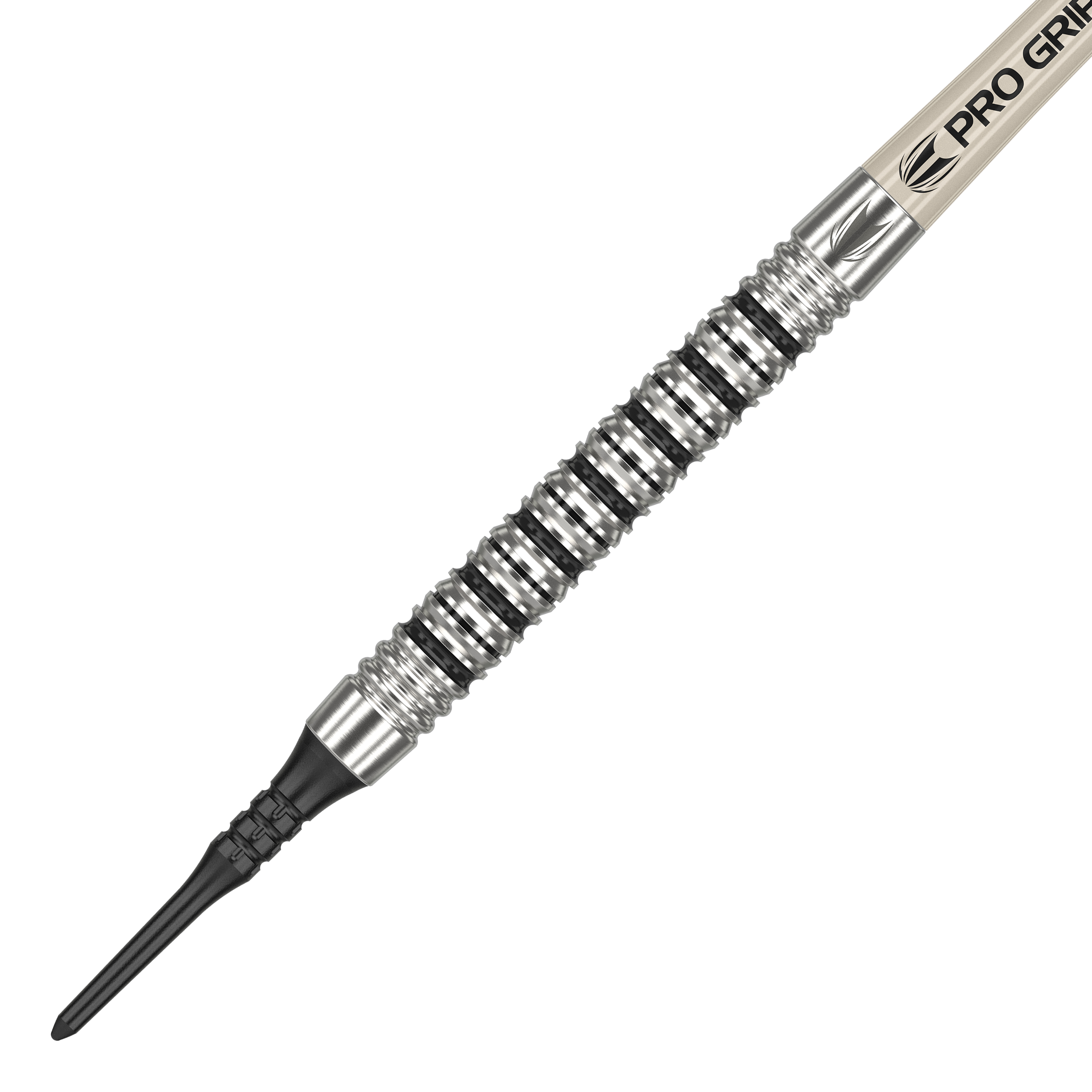 Target EXO 11 Softdarts Das Bild zeigt den Target EXO 11 Softdart. Der Dart hat eine silberne, gerillte Griffzone und eine schwarze Kunststoffspitze.