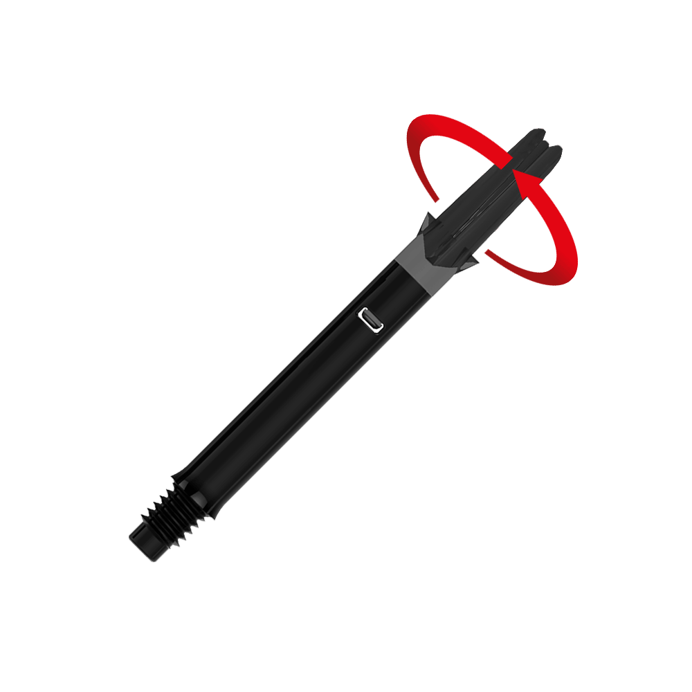 L-Style L-Shafts Silent Straight - Schwarz 330 Das Bild zeigt einen schwarzen geraden Dart-Schaft ohne Kappen. Ein roter Pfeil deutet darauf hin, dass sich das obere Ende des Schafts drehen kann.