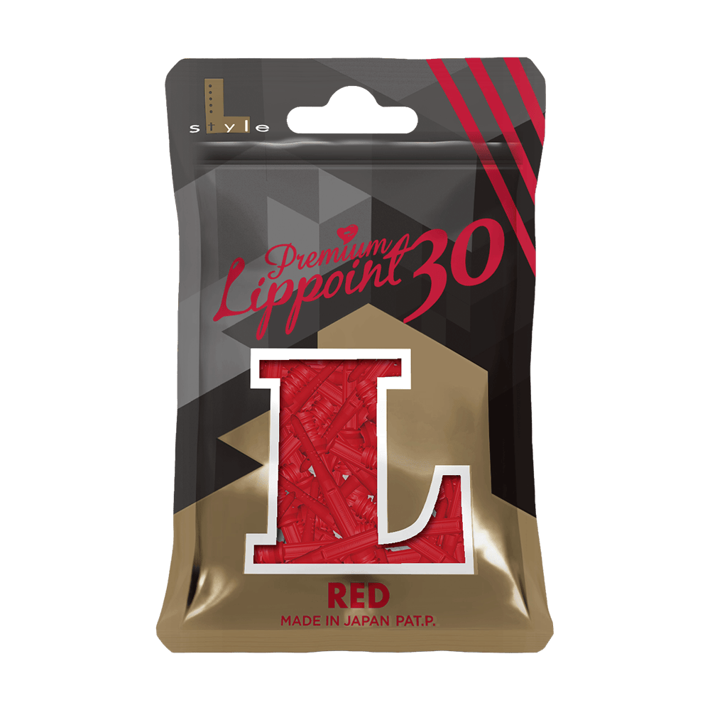 LIP45_L-Style_Premium_Lippoints_30_Softdartspitzen_30erPack_Rot_3 Die Abbildung zeigt eine Packung mit 30 roten Softdartspitzen der Marke L-Style. Auf der Verpackung steht "Premium Lippoint 30" und "RED Made in Japan".