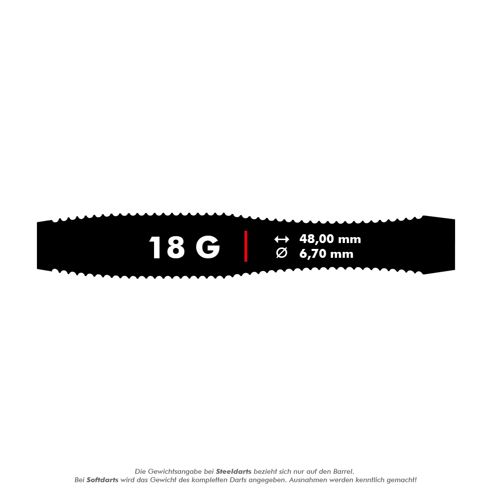 Harrows Anniversary Edition V-Wing Softdarts - 18g Das Bild zeigt die Harrows Anniversary Edition V-Wing Softdarts mit einem Gewicht von 18 Gramm. Die Darts haben eine Länge von 48,00 mm und einen Durchmesser von 6,70 mm.