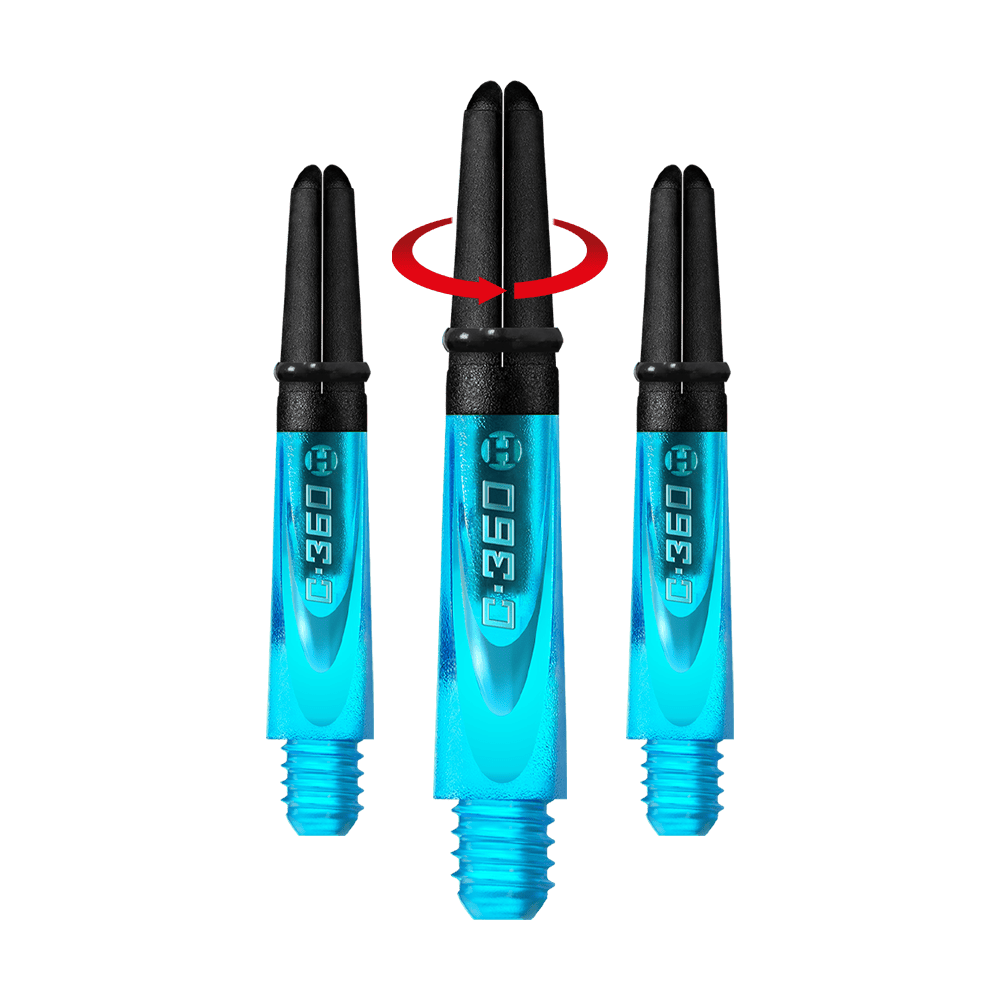 HR443_Harrows_Carbon_360_Shafts_Aqua_35mm_1-_Symbol Das Bild zeigt drei Aqua-farbene Harrows Carbon 360 Shafts für Darts. In der Mitte gibt ein roter Pfeil einen drehbaren Mechanismus an.