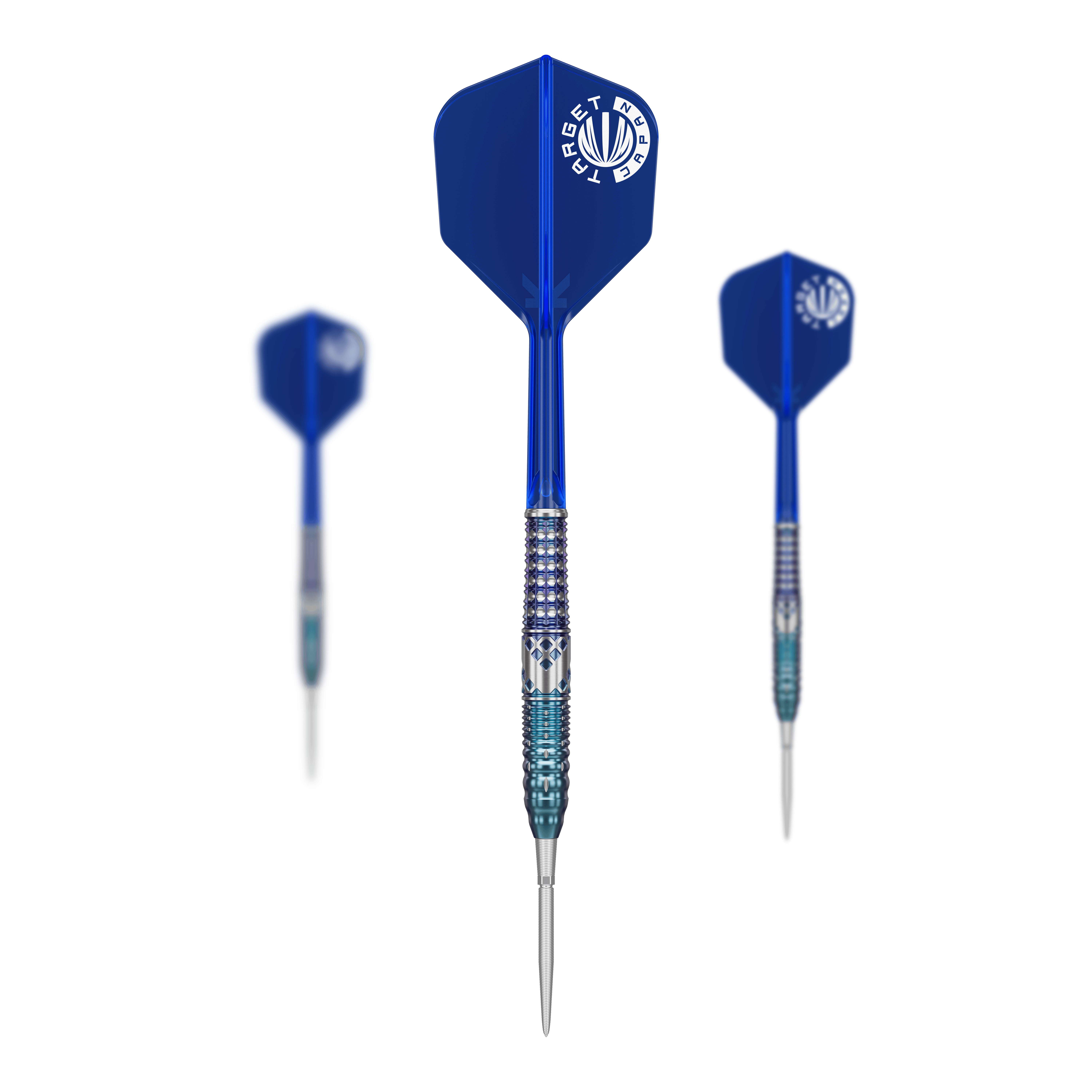 Das Bild zeigt drei Steeldarts mit blauen Flights und silber-blauen Schäften. In der Mitte ist der Dart „Target Japan Cathy Leung Charis GEN5 SP Steeldarts - 22g“ von vorne zu sehen.