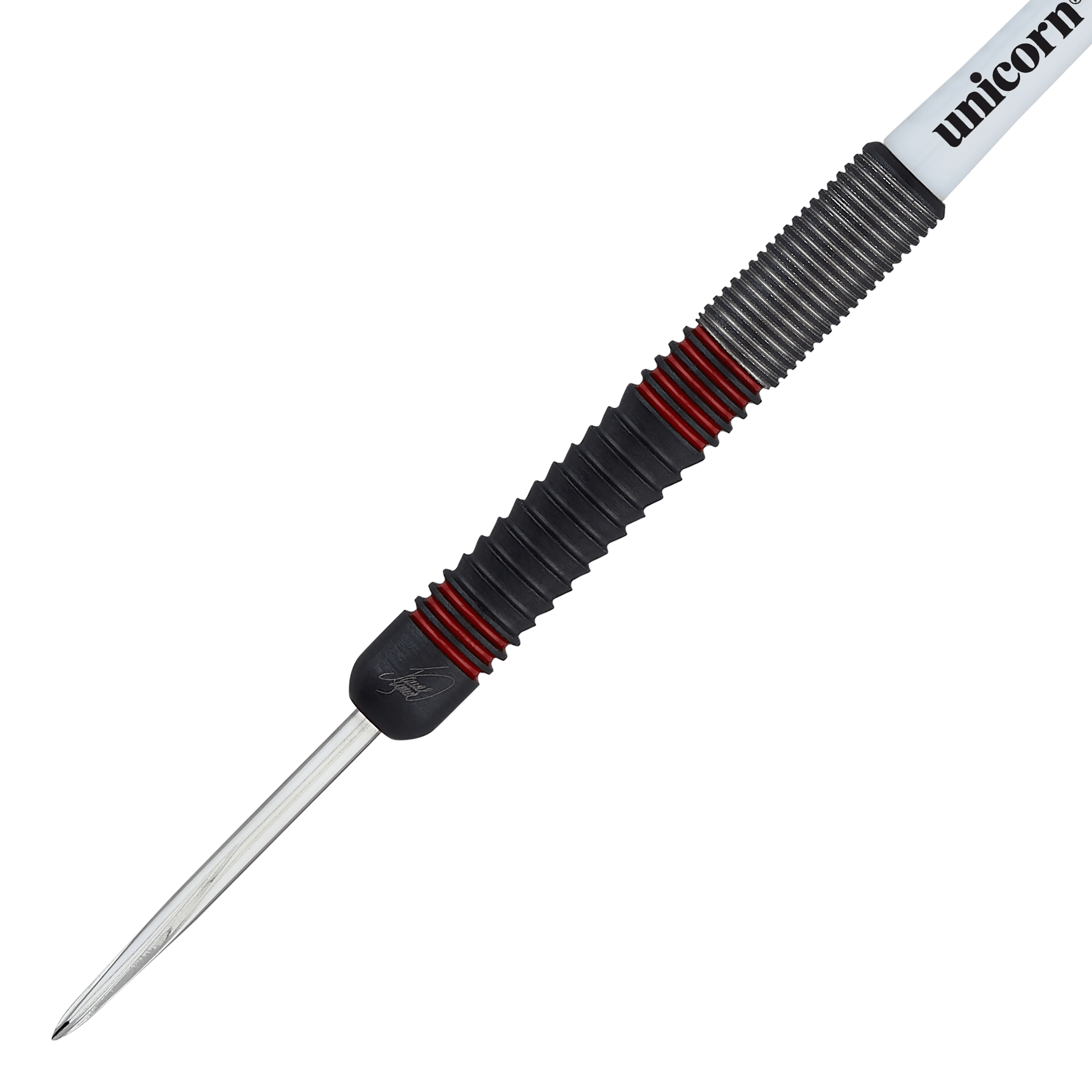 Auf dem Bild ist ein Steeldart der Marke Unicorn, Modell "The Machine James Wade 80%", zu sehen. Der Dart hat ein geriffeltes schwarzes Griffstück mit roten Akzenten und einer silbernen Spitze.