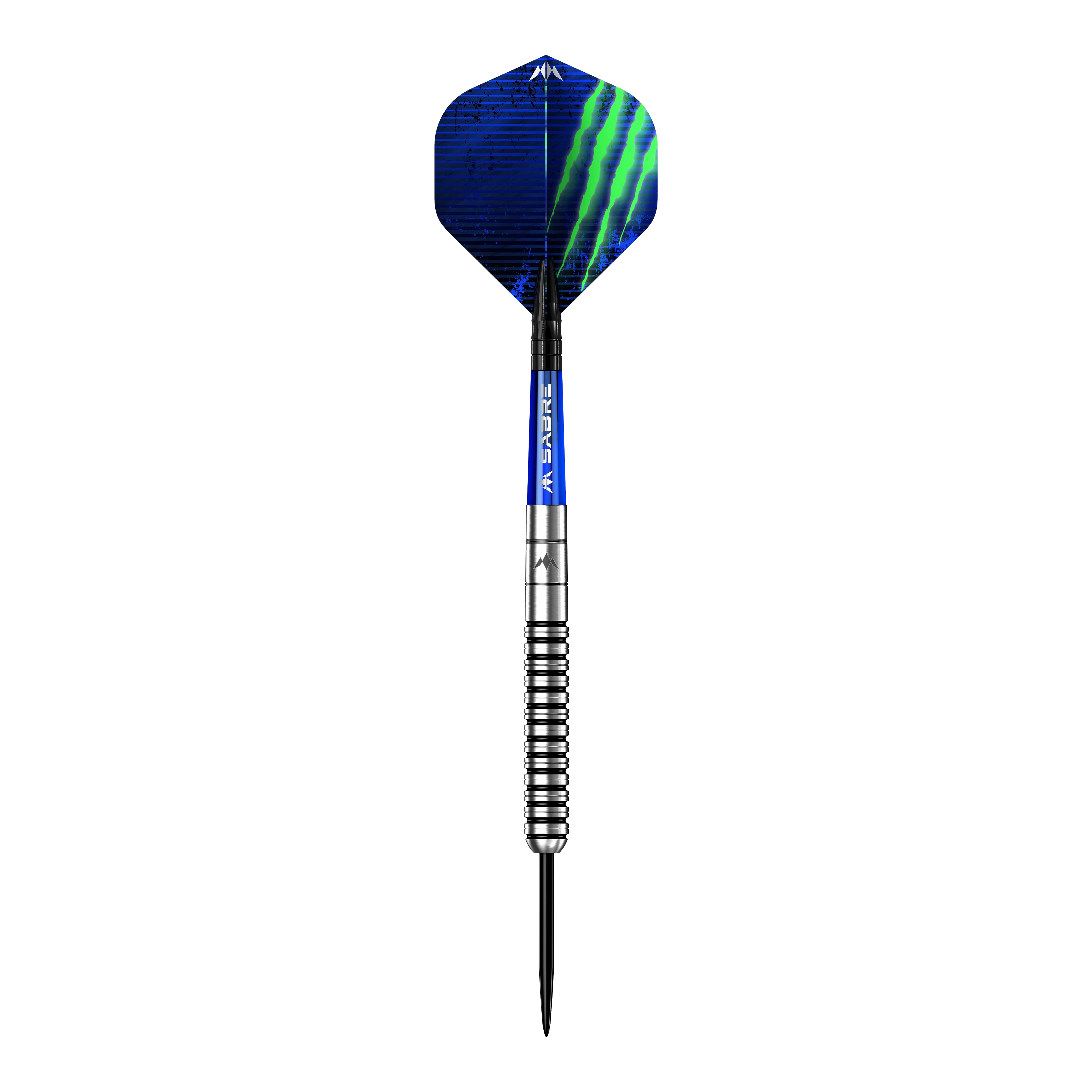Mission Lee Evans Black Electro Steeldarts Das Bild zeigt einen Steeldart mit silbernem, geriffelten Barrel und schwarzer Spitze. Die Flights sind blau mit grünem Muster und der Schaft ist blau mit weißer Beschriftung.