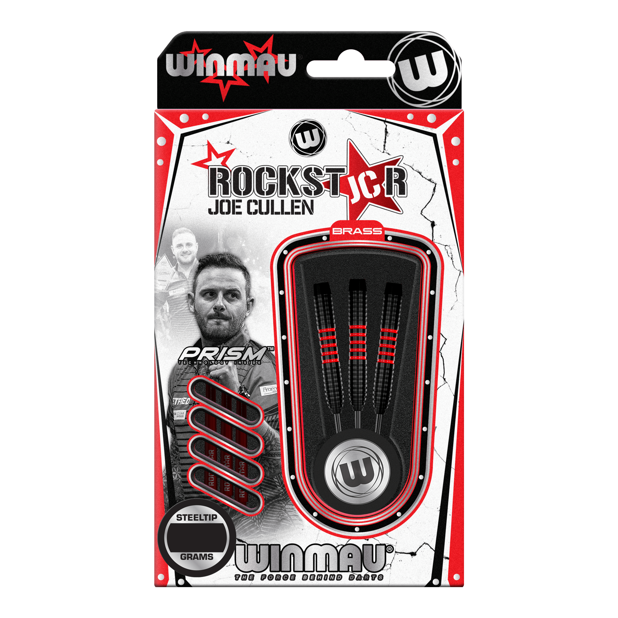 Winmau Joe Cullen Brass Steeldarts - 20g Das Bild zeigt die Verpackung der "Winmau Joe Cullen Brass Steeldarts - 20g". In der Verpackung sind drei schwarze Steeldarts mit roten Akzenten zu sehen.