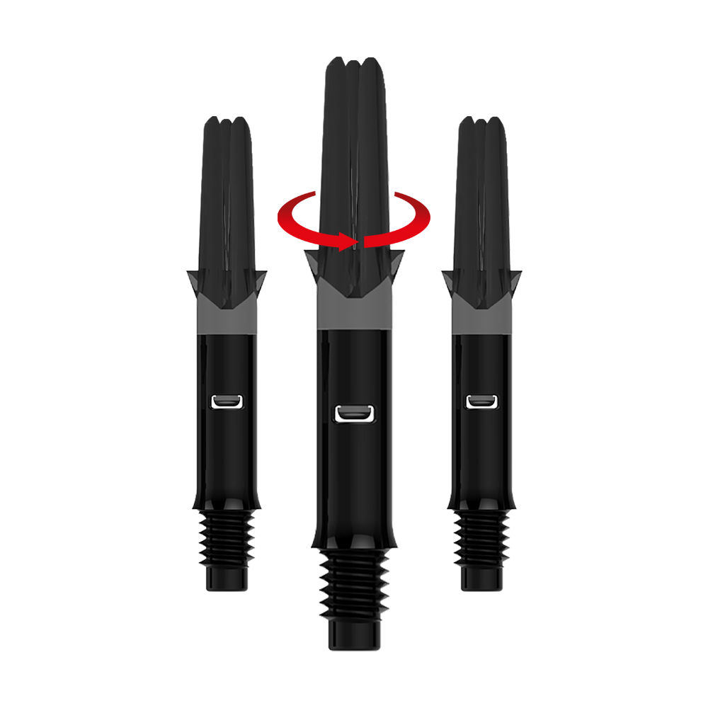 L-Style L-Shafts Silent Straight - Schwarz 190 Auf dem Bild sind drei schwarze Dart-Schäfte ohne Kappen zu sehen. Der mittlere Schaft ist zudem mit einem roten Pfeil versehen, der eine Drehbewegung anzeigt.
