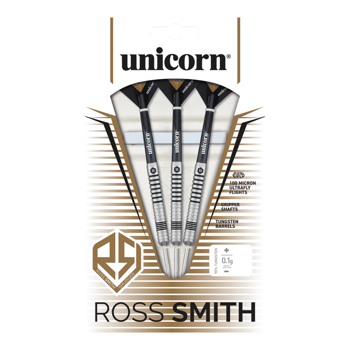 Das Bild zeigt eine Packung "Unicorn Ross Smith Smudger Steeldarts". In der Verpackung befinden sich drei schwarze und silberne Steeldarts.