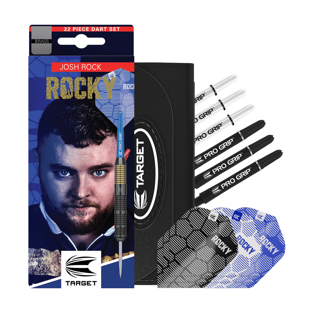 Target Josh Rock Brass Steeldarts - 22g Das Bild zeigt das Produkt "Target Josh Rock Brass Steeldarts - 22g" mit Verpackung, Dartpfeilen und Zubehör. Das Set enthält mehrere Flights und Schäfte sowie ein Etui.