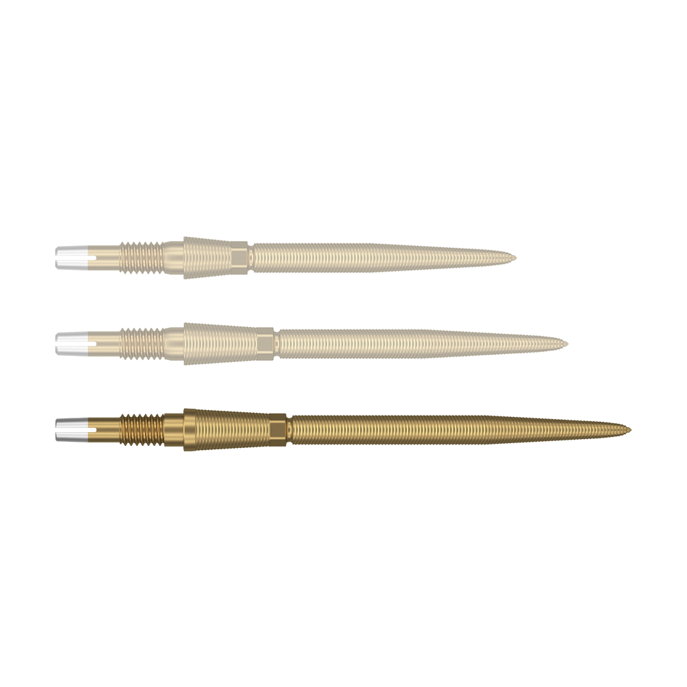 Target Swiss Storm Nano Point Dartspitzen - Gold Auf dem Bild sind drei goldene Dartspitzen nebeneinander zu sehen. Sie haben ein geriffeltes Muster und eine silberne Spitze am Ende.