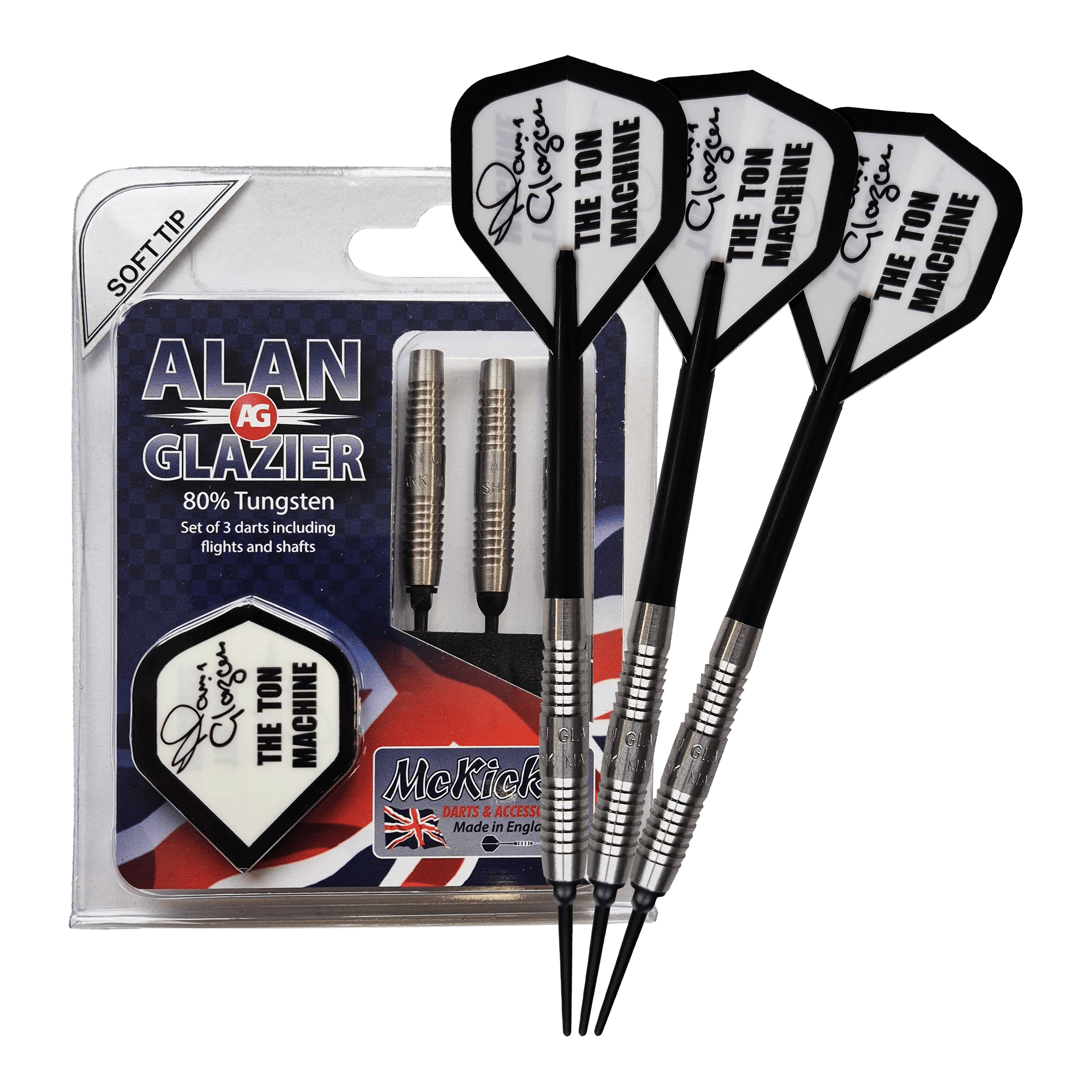 Das Bild zeigt ein Set von drei Softdarts mit der Aufschrift "McKicks Alan Glazier Shark Machine Softdarts". Die Verpackung hebt hervor, dass die Darts zu 80% aus Tungsten bestehen und "The Ton Machine" Flügel besitzen.