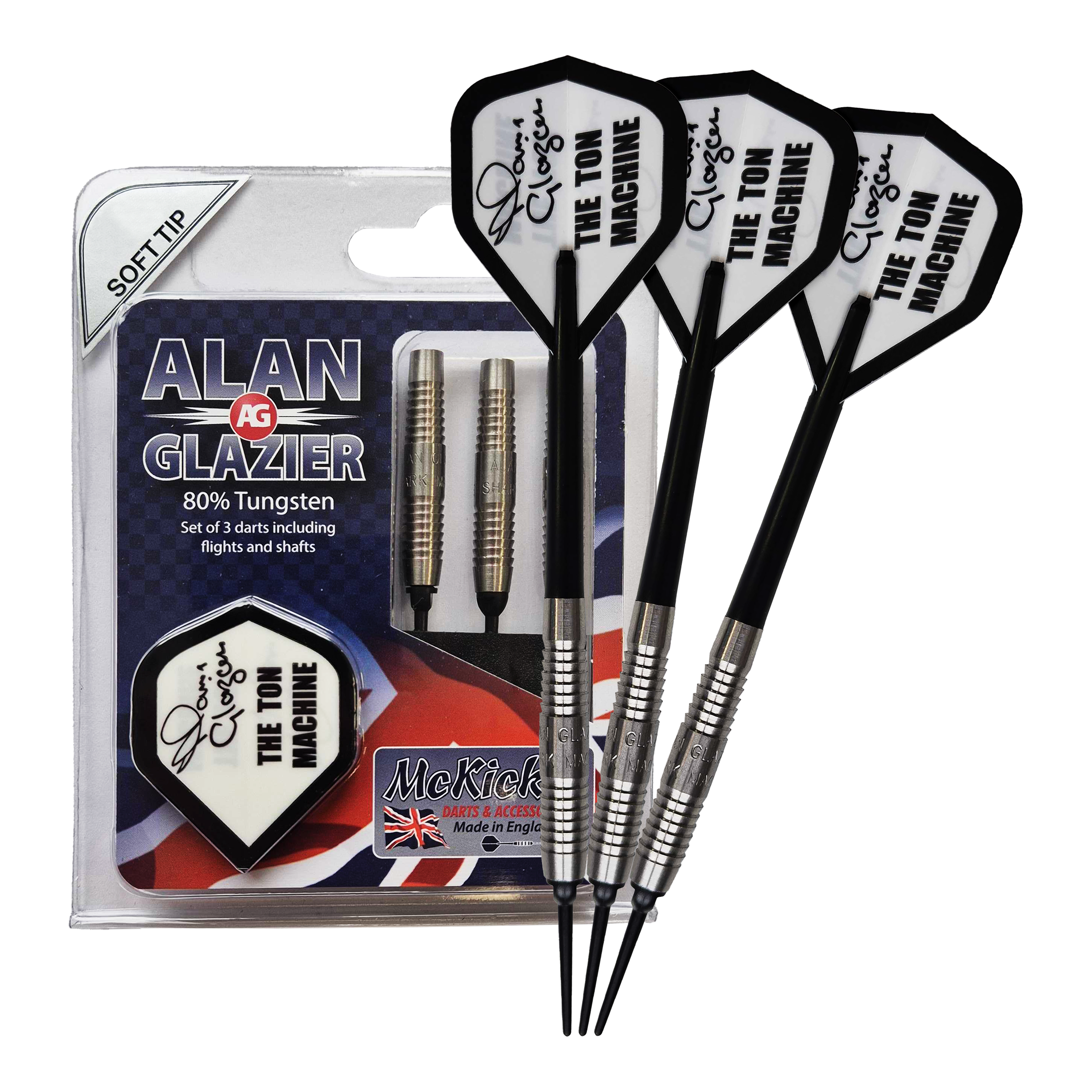 McKicks Alam Glazier Shark Machine Softdarts Das Bild zeigt ein Set von drei Softdarts mit der Aufschrift "McKicks Alan Glazier Shark Machine Softdarts". Die Verpackung hebt hervor, dass die Darts zu 80% aus Tungsten bestehen und "The Ton Machine" Flügel besitzen.