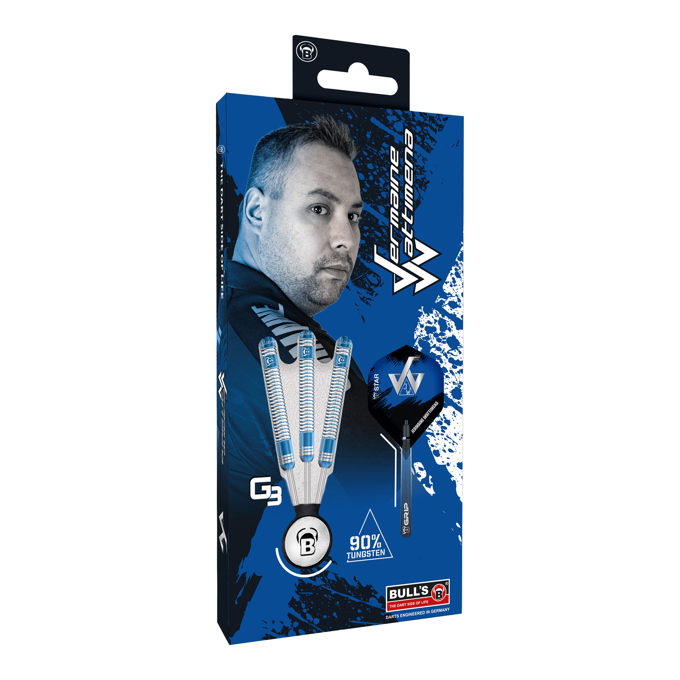 Bulls Jermaine Wattimena Generation 3 Steeldarts Die Verpackung zeigt die Bulls Jermaine Wattimena Generation 3 Steeldarts mit 90% Tungsten. Auf der Vorderseite ist ein Bild von Jermaine Wattimena und die drei Darts abgebildet.