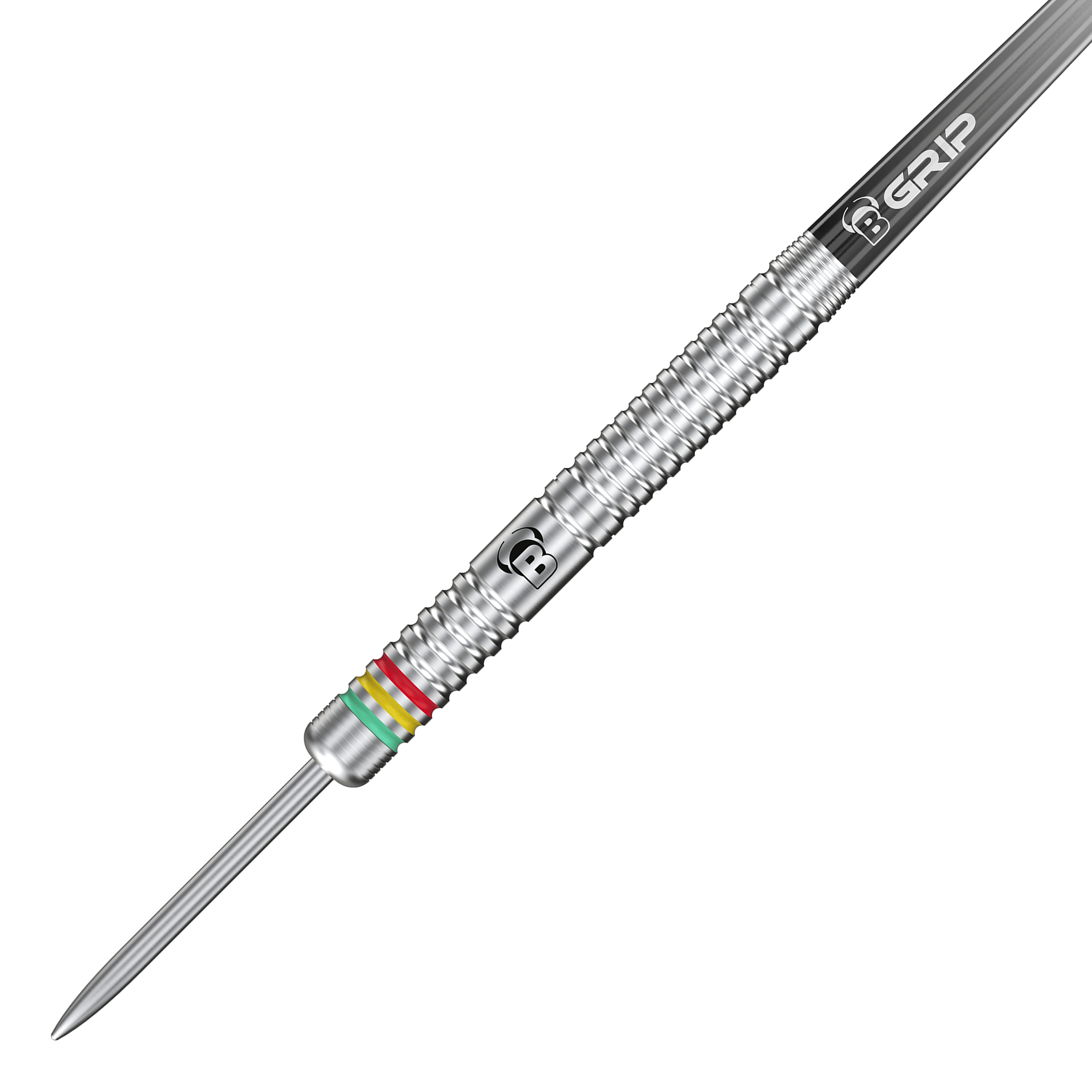 Bulls Martijn Dragt Steeldarts - 24g Das Bild zeigt einen silbernen Steeldart mit Rillen und bunten Ringen nahe der Spitze. Auf dem Dart steht "B GRIP" und es handelt sich um das Modell "Bulls Martijn Dragt Steeldarts - 24g".