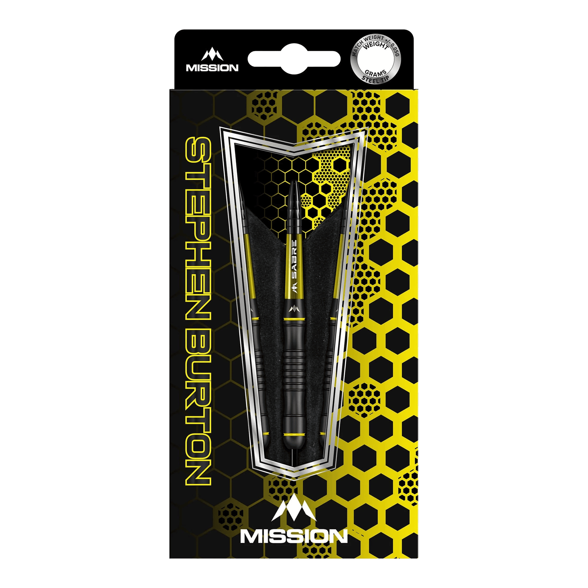 Die Abbildung zeigt die Verpackung der Mission Stephen Burton Steeldarts mit einem Gewicht von 23g. Das Design ist in Schwarz und Gelb gehalten und zeigt ein auffälliges Wabenmuster.