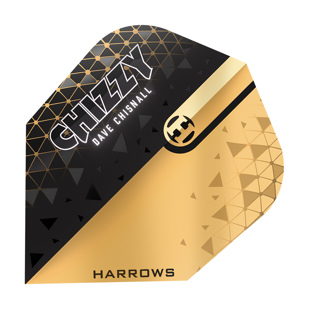 Das Bild zeigt ein Dartflight-Design in Schwarz und Gold mit geometrischen Mustern. Auf dem Flight stehen die Namen "CHIZZY", "Dave Chisnall" und "HARROWS".