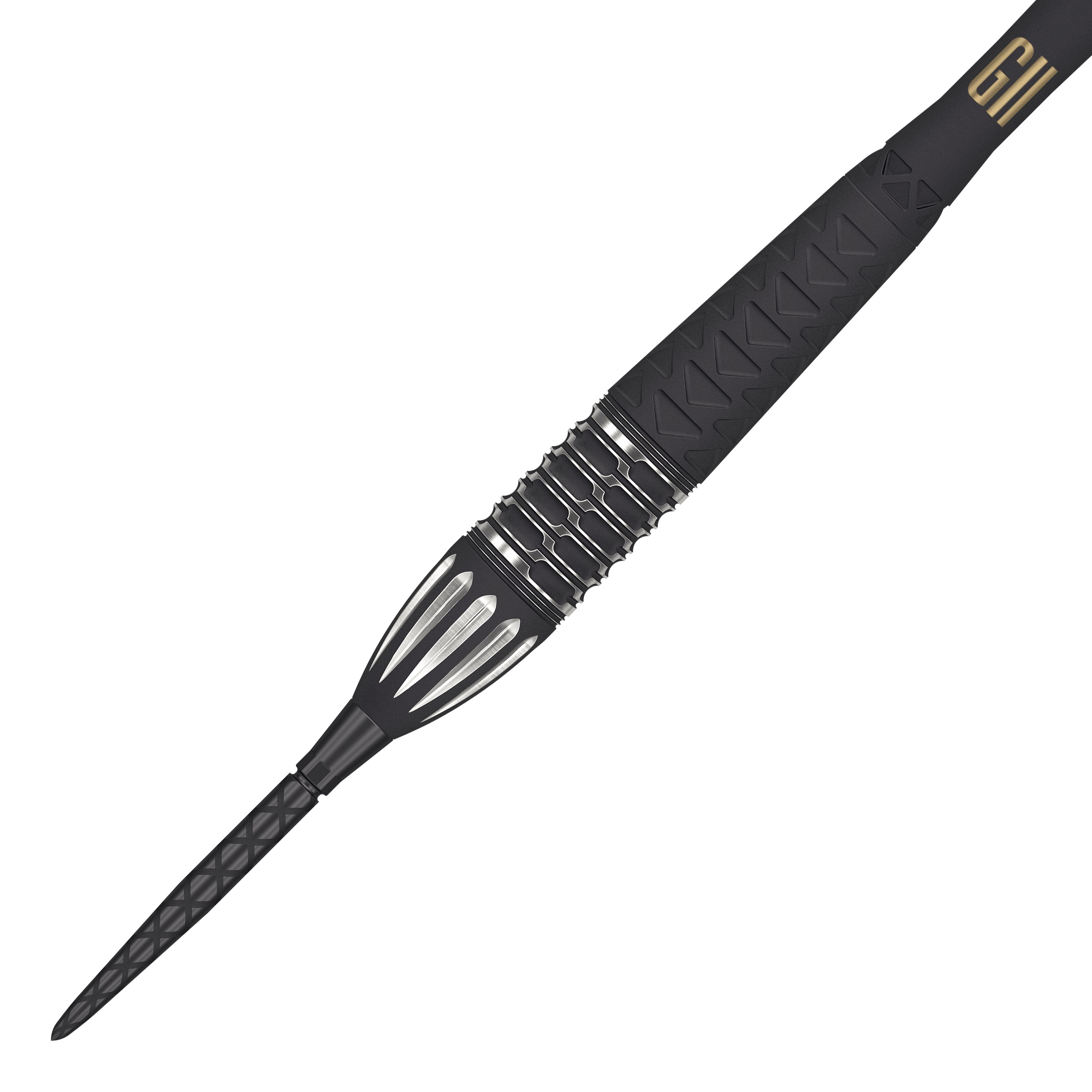 Auf dem Bild ist ein Target Phil Taylor RAW Power 9Five GEN11 Swiss Point Steeldart zu sehen. Der Dartpfeil hat ein modernes, schwarzes Design mit silbernen Akzenten und auffälliger Gravur.
