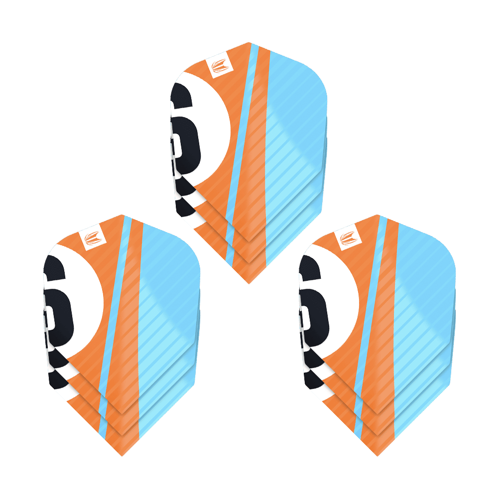 Das Bild zeigt drei Sätze der Target Pro Ultra Chicane Orange No6 Flights. Die Flights sind orange und blau mit einer großen schwarzen Zahl 6.
