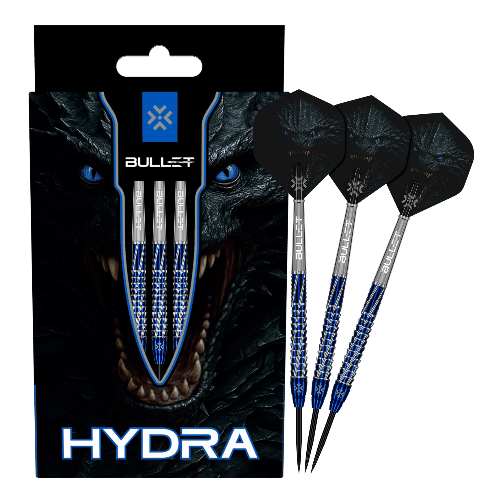 Diese Abbildung präsentiert die Bullet Hydra Steeldarts. Das Produkt ist für ambitionierte Dartspieler geeignet.