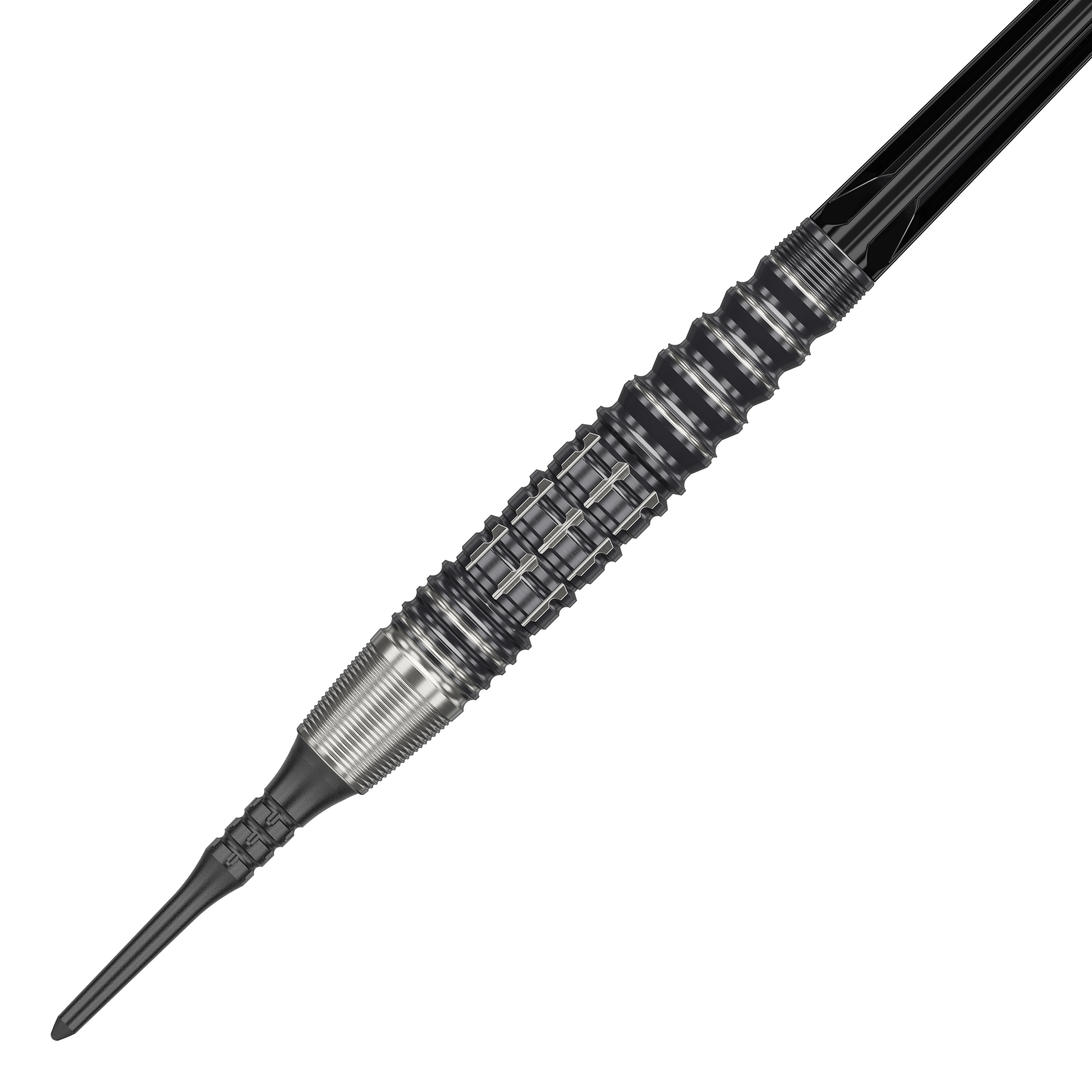 Das Bild zeigt einen Softdart aus der Target Japan Prime Series, Modell Harold Ching GEN1 Zenith MAX mit 21g Gewicht. Der Dart hat ein markantes, geriffeltes Design mit silbernen und schwarzen Elementen.