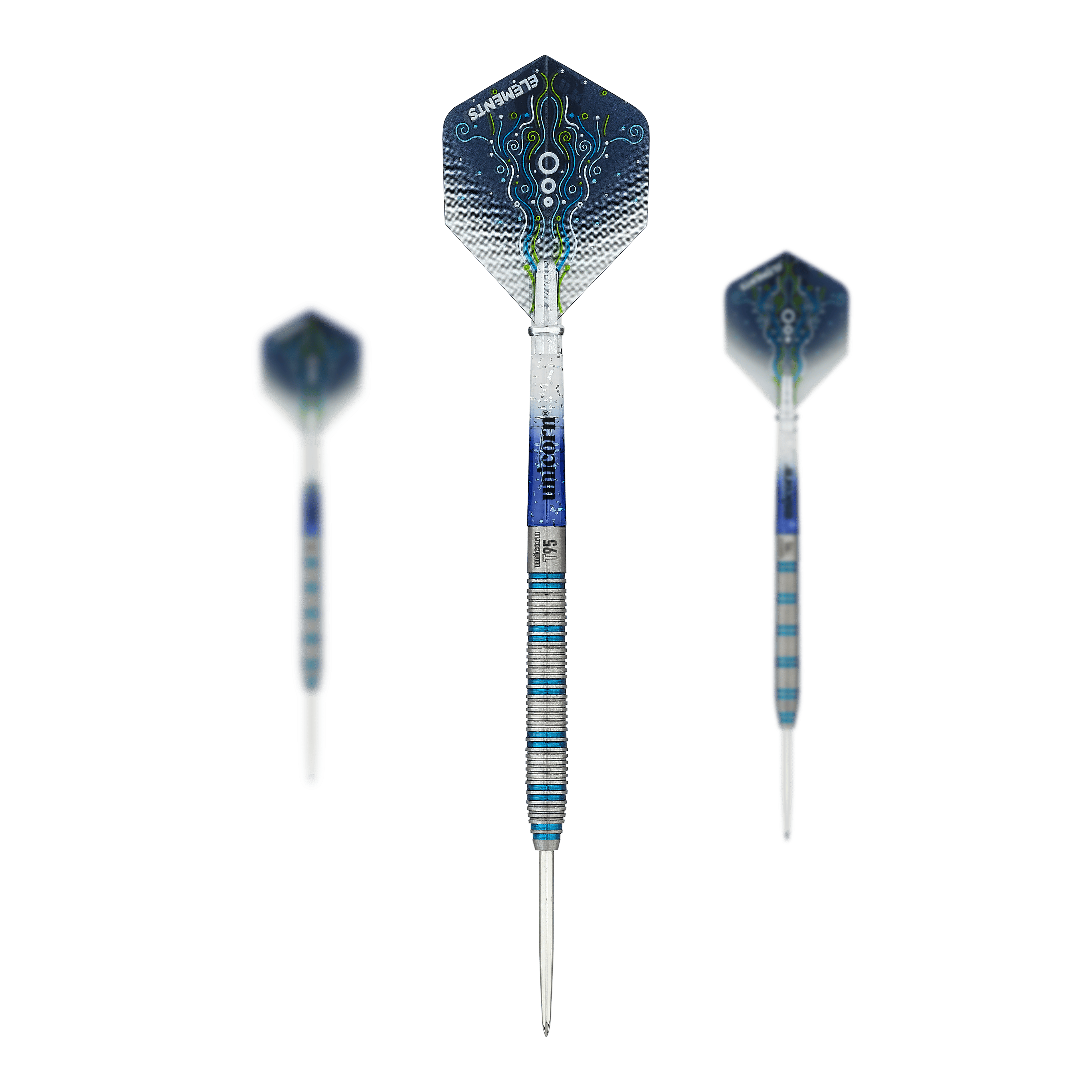 Das Bild zeigt drei Steeldarts des Produkts "Unicorn T95 Core XL Blue Style 1". Die Darts haben ein modernes, blau-weißes Design mit auffälligen Flights.