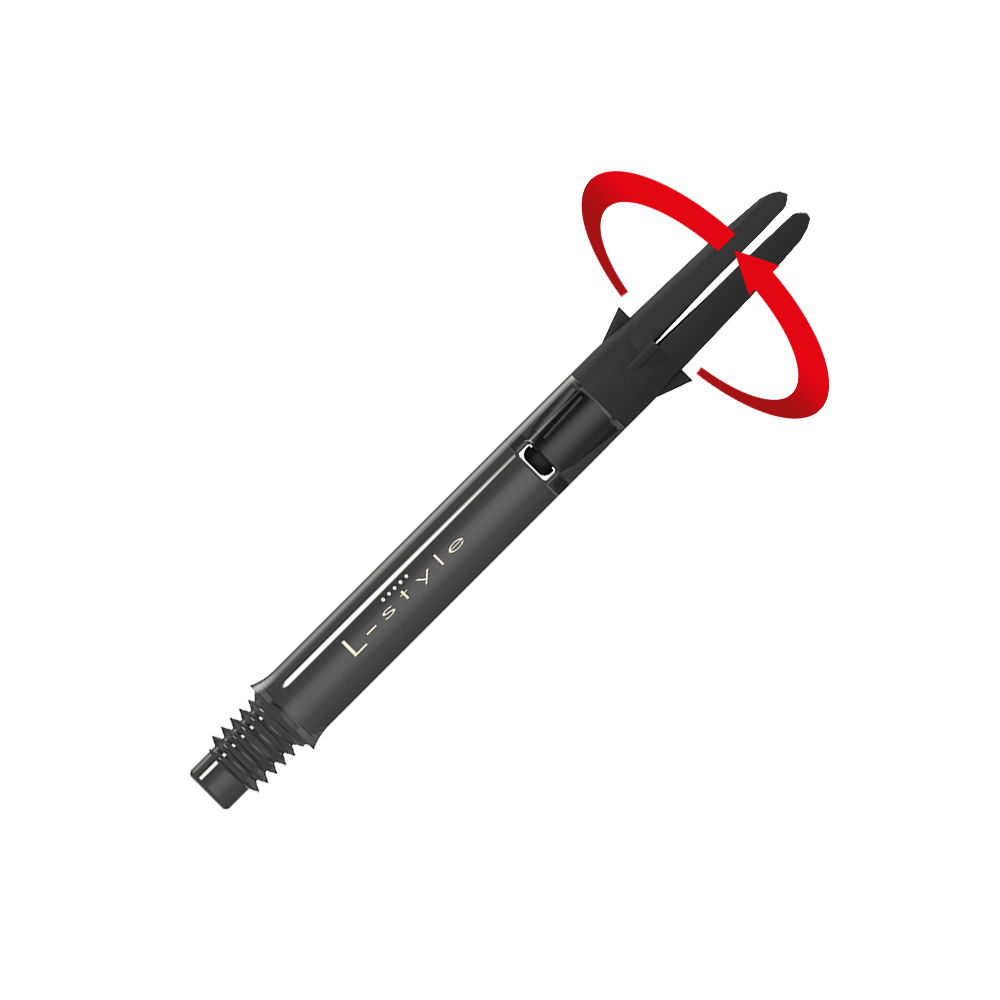 L-Style L-Shaft Carbon Silent Straight - Schwarz 330 Das Bild zeigt einen schwarzen Dart-Schaft aus Carbon der Marke L-Style. Am oberen Ende ist ein roter, drehender Bewegungseffekt dargestellt.
