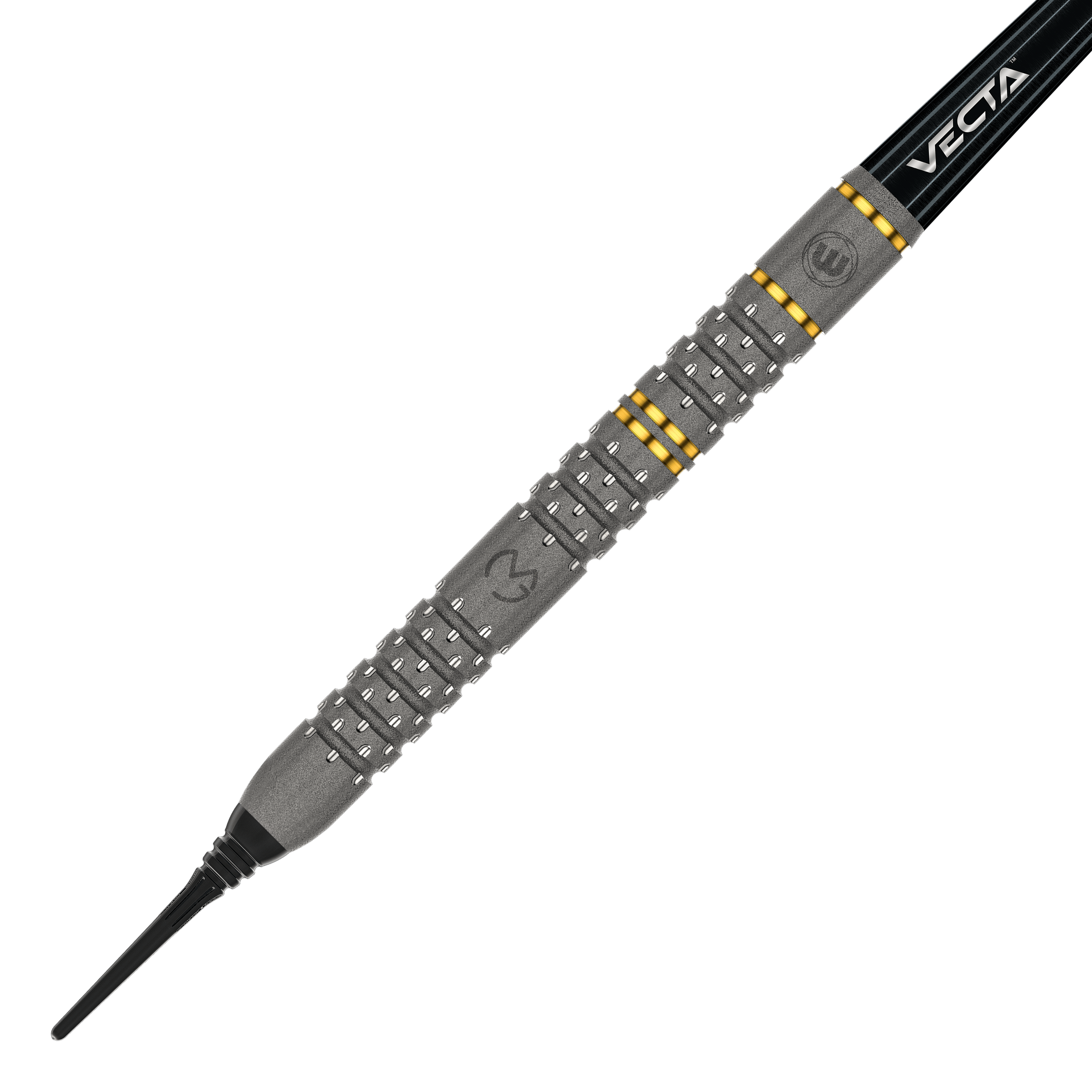 Winmau Michael Van Gerwen Evo-X Softdarts - 20g Das Bild zeigt einen Winmau Michael Van Gerwen Evo-X Softdart mit einem Gewicht von 20 Gramm. Der Dart hat ein markantes Design mit silbernen und goldenen Akzenten sowie der Aufschrift "VECTA".