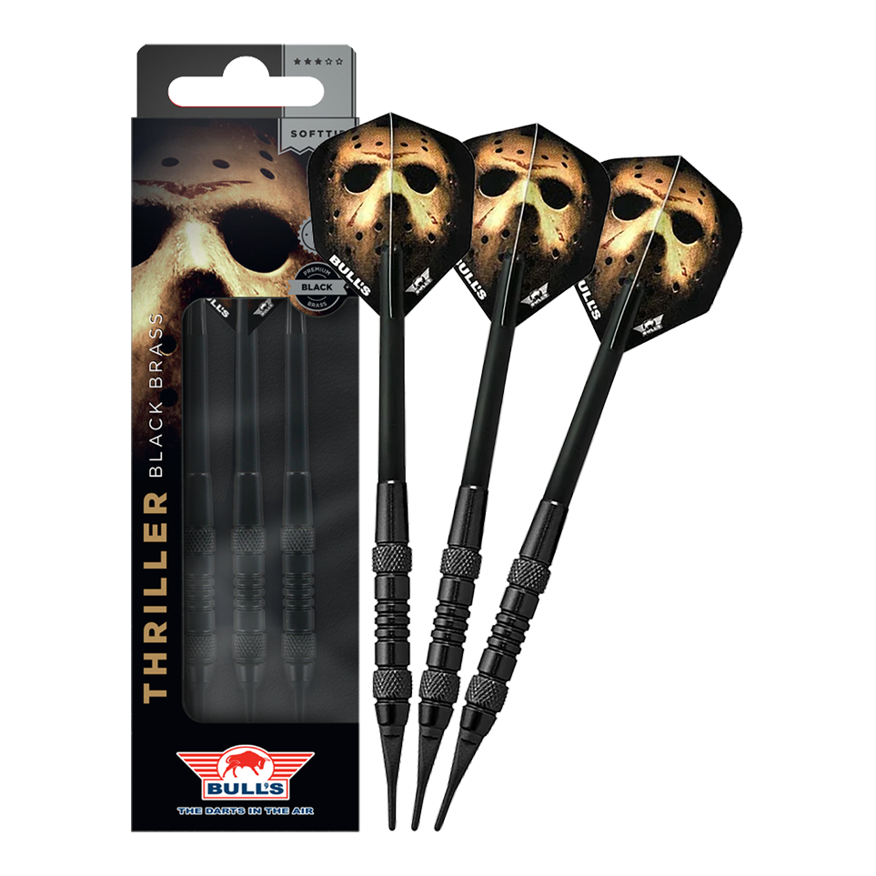 Das Bild zeigt Bulls NL Thriller Black Brass Softdarts mit 18 Gramm. Diese Softdarts zeichnen sich durch ihre schwarze Optik aus.